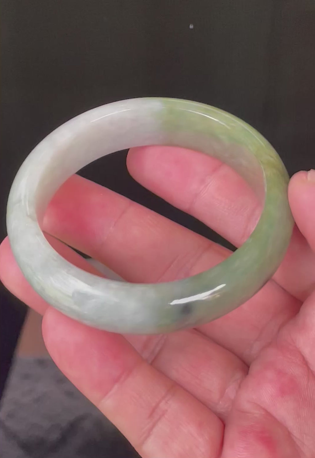 Natural Grade A Certified Burmese Jadeite Jade Bangle – Icy Apple & Jadeite Green with Greyish Milky White & Black Hues – 54.8mm – JB050