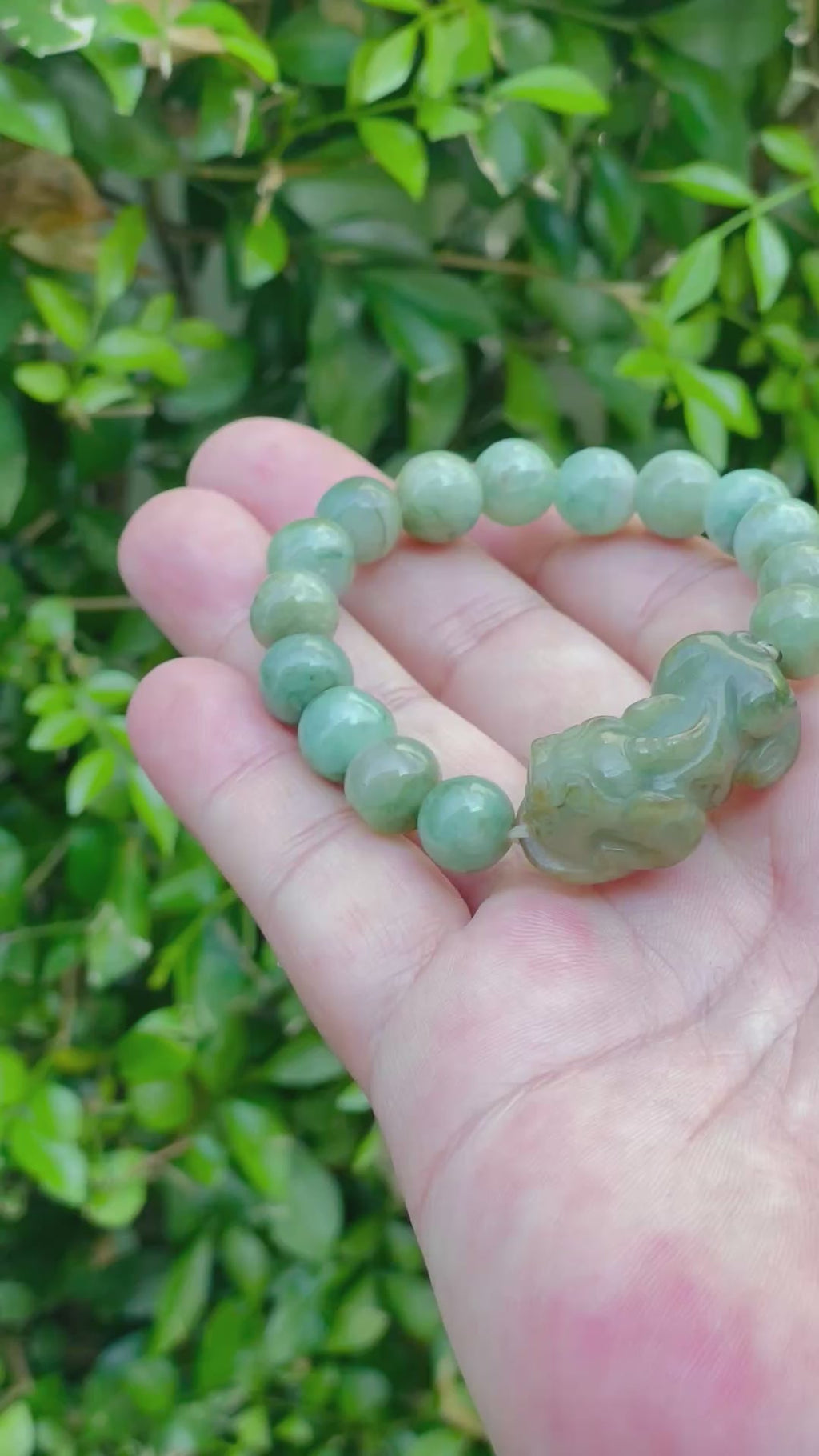 Natural Grade A Certified Burmese Jadeite Jade Beaded Bracelet – Mossy Green – Hand-Carved Pixiu Pendant – 10mm – JBB164