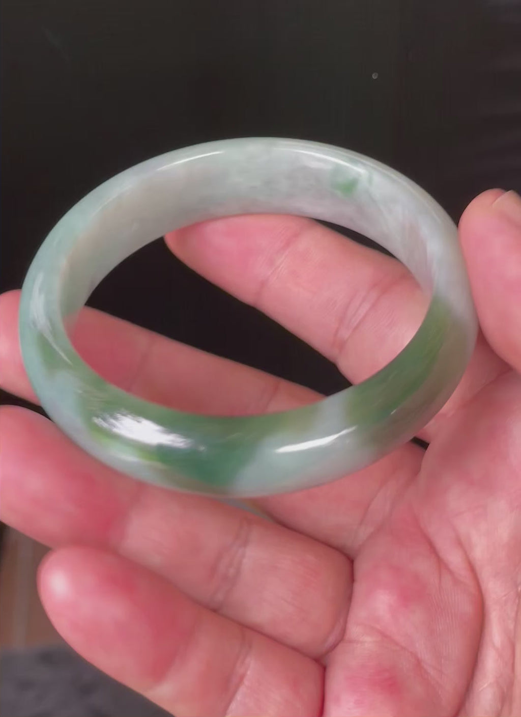 Natural Grade A Certified Burmese Jadeite Jade Bangle – Icy Greyish Milky White with Apple Green Hues – 58.5mm – JB039