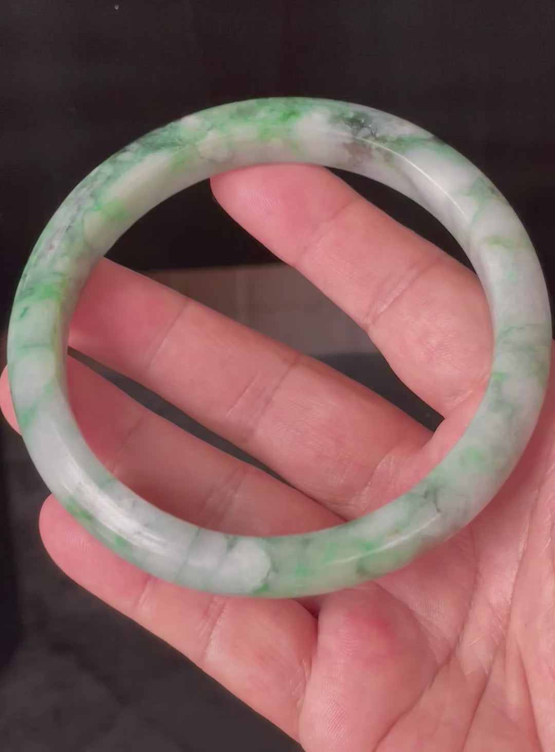 Natural Grade A Certified Burmese Jadeite Jade Bangle – Icy Imperial & Apple Green with Greyish Milky White Hues – Floral Design – 77mm – JB933
