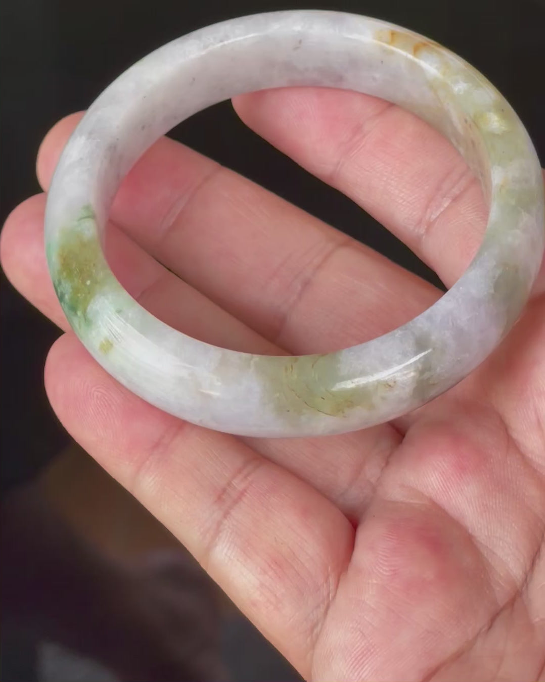 Natural Grade A Certified Burmese Jadeite Jade Bangle – Icy Milky White, Grayish, Apple Green & Black – 56.6mm – JB874