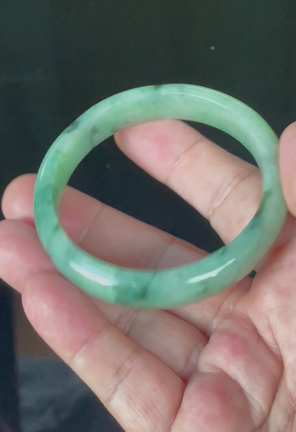 Natural Grade A Certified Burmese Jadeite Jade Bangle – Icy Apple & Imperial Green with Black & Greyish Milky White Hues – 57.5mm – JB911