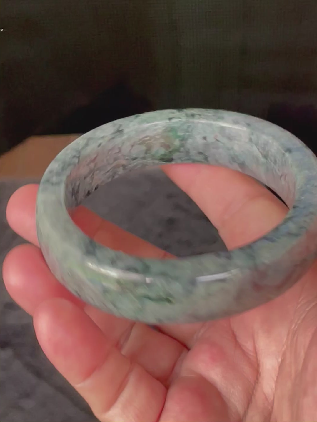 Natural Grade A Certified Burmese Jadeite Jade Bangle – Icy Black & Greyish with Apple & Moss Green Hues – Flat Style – 66.4mm – JB935