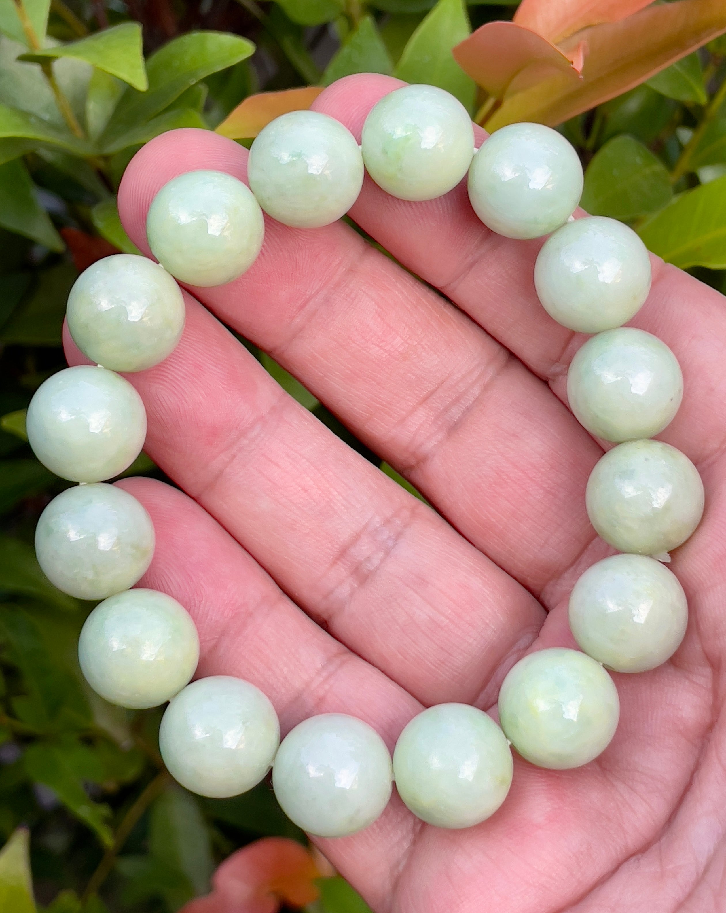 Natural Grade A Burmese Jadeite Jade Beaded Bracelet – Icy Apple & Forest Green – 13.4mm – JBB171
