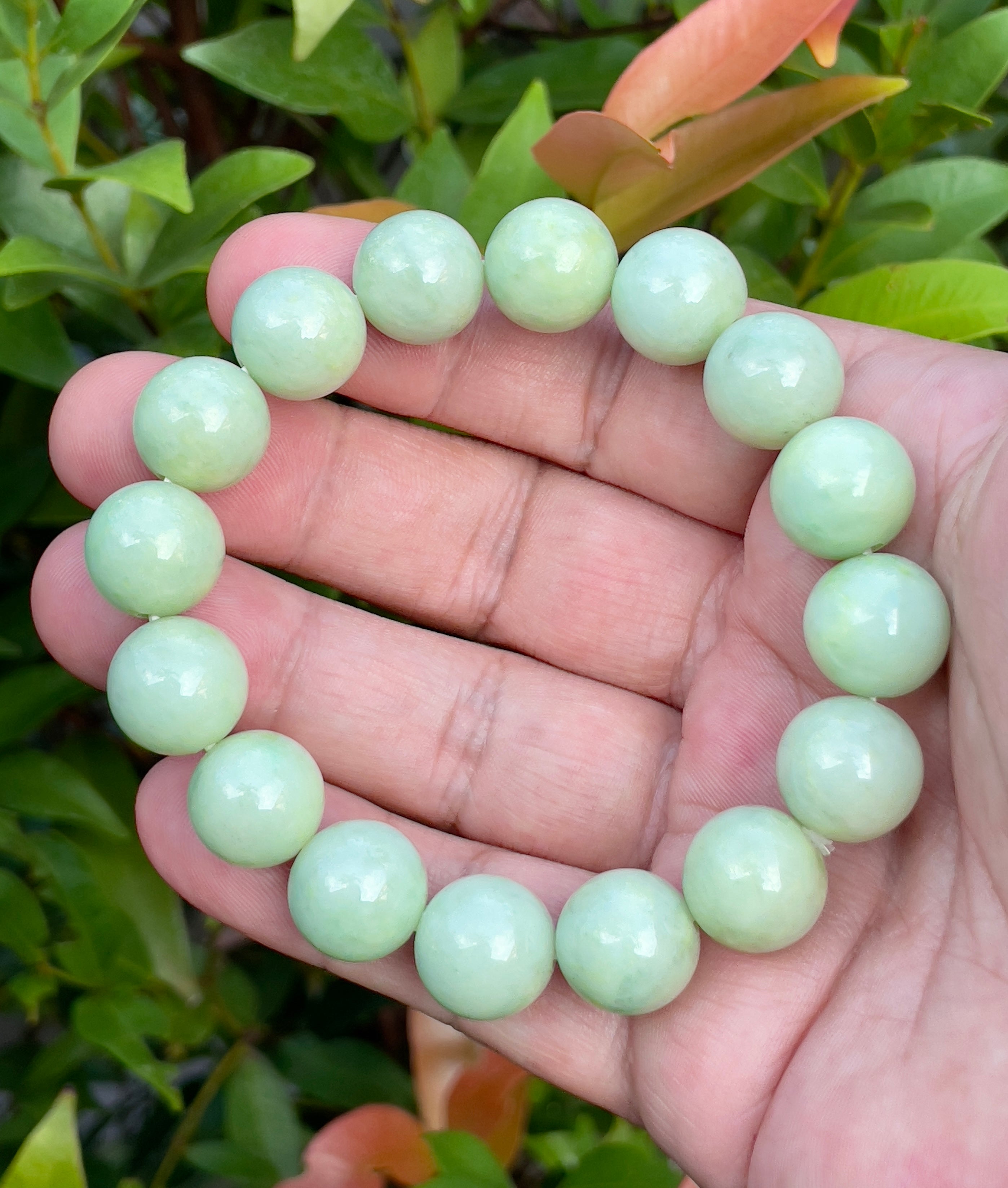 Natural Grade A Burmese Jadeite Jade Beaded Bracelet – Icy Apple & Forest Green – 13.4mm – JBB171
