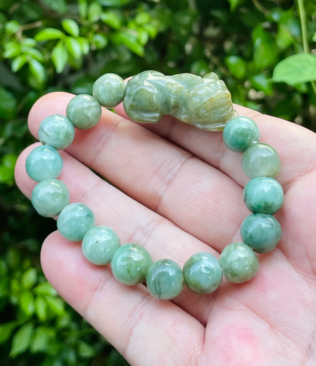 Natural Grade A Certified Burmese Jadeite Jade Beaded Bracelet – Mossy Green – Hand-Carved Pixiu Pendant – 10mm – JBB164