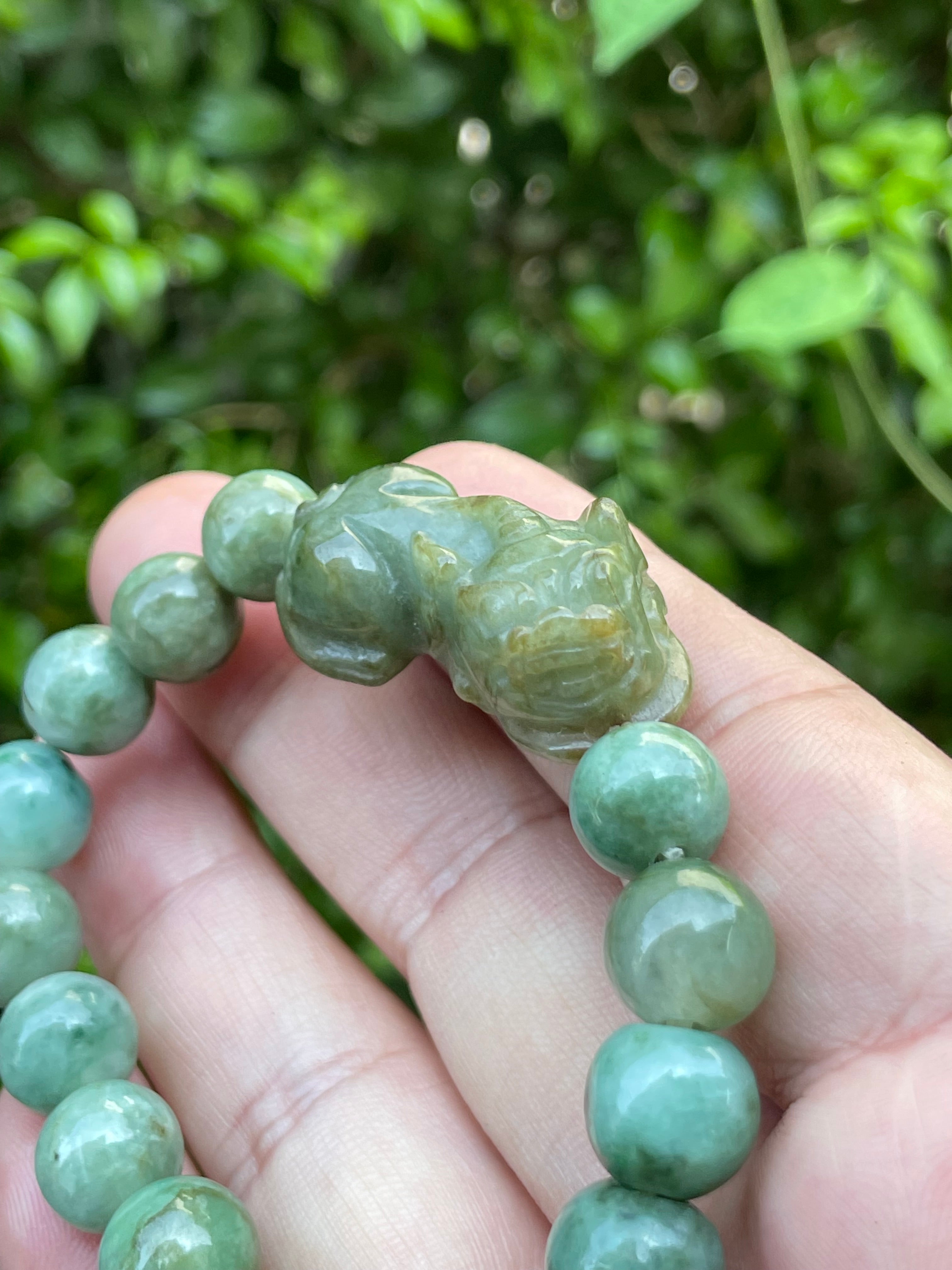 Natural Grade A Certified Burmese Jadeite Jade Beaded Bracelet – Mossy Green – Hand-Carved Pixiu Pendant – 10mm – JBB164
