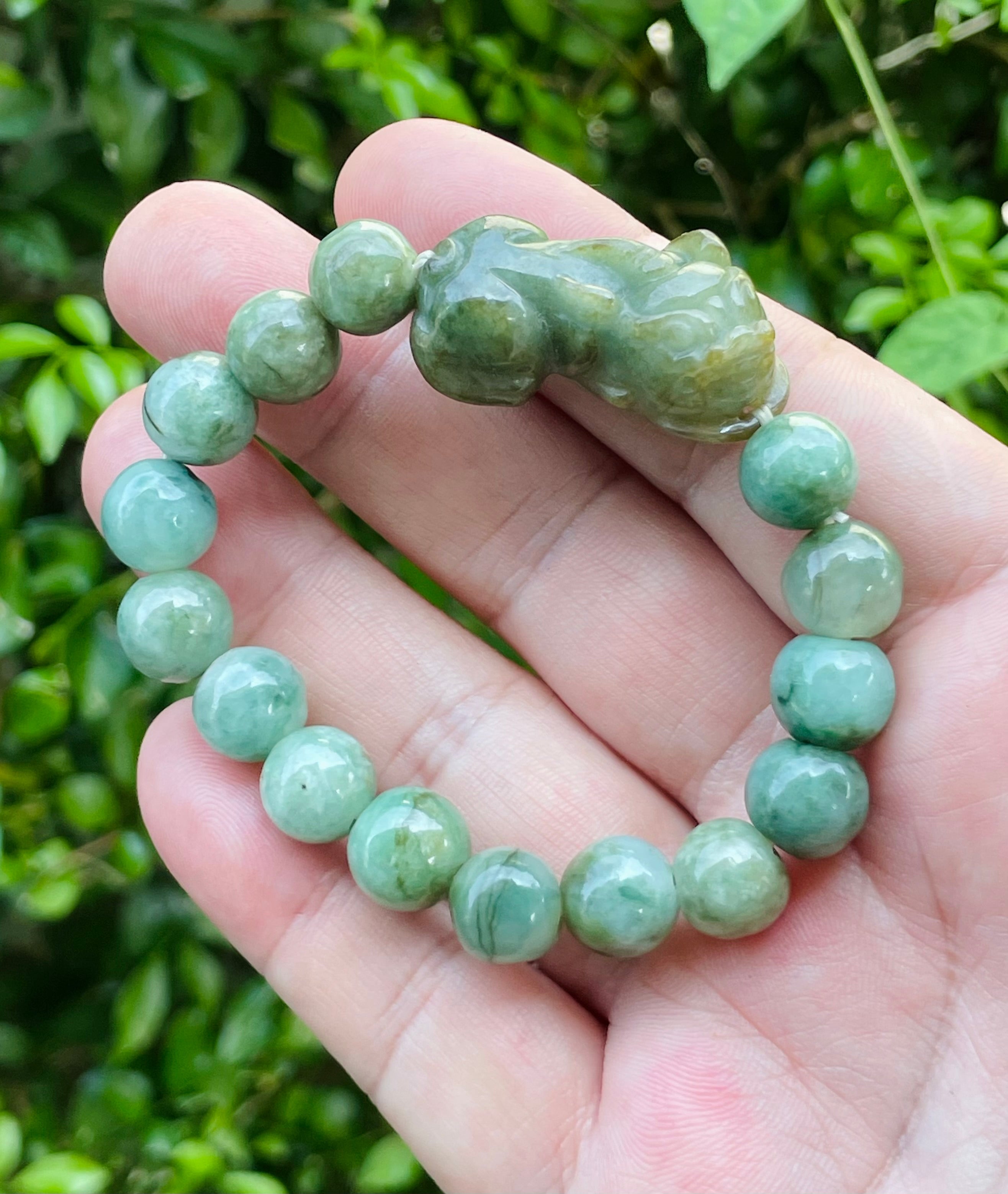 Natural Grade A Certified Burmese Jadeite Jade Beaded Bracelet – Mossy Green – Hand-Carved Pixiu Pendant – 10mm – JBB164