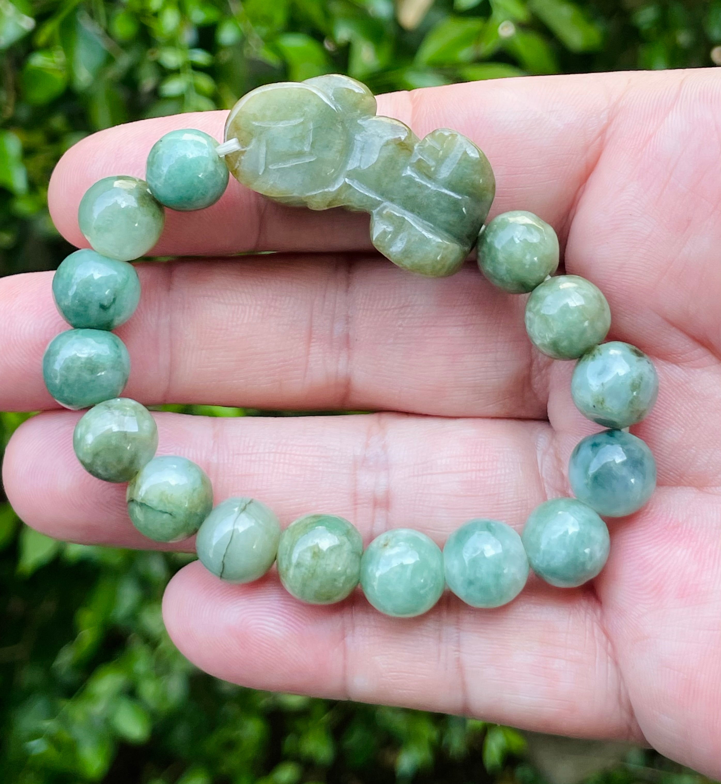 Natural Grade A Certified Burmese Jadeite Jade Beaded Bracelet – Mossy Green – Hand-Carved Pixiu Pendant – 10mm – JBB164
