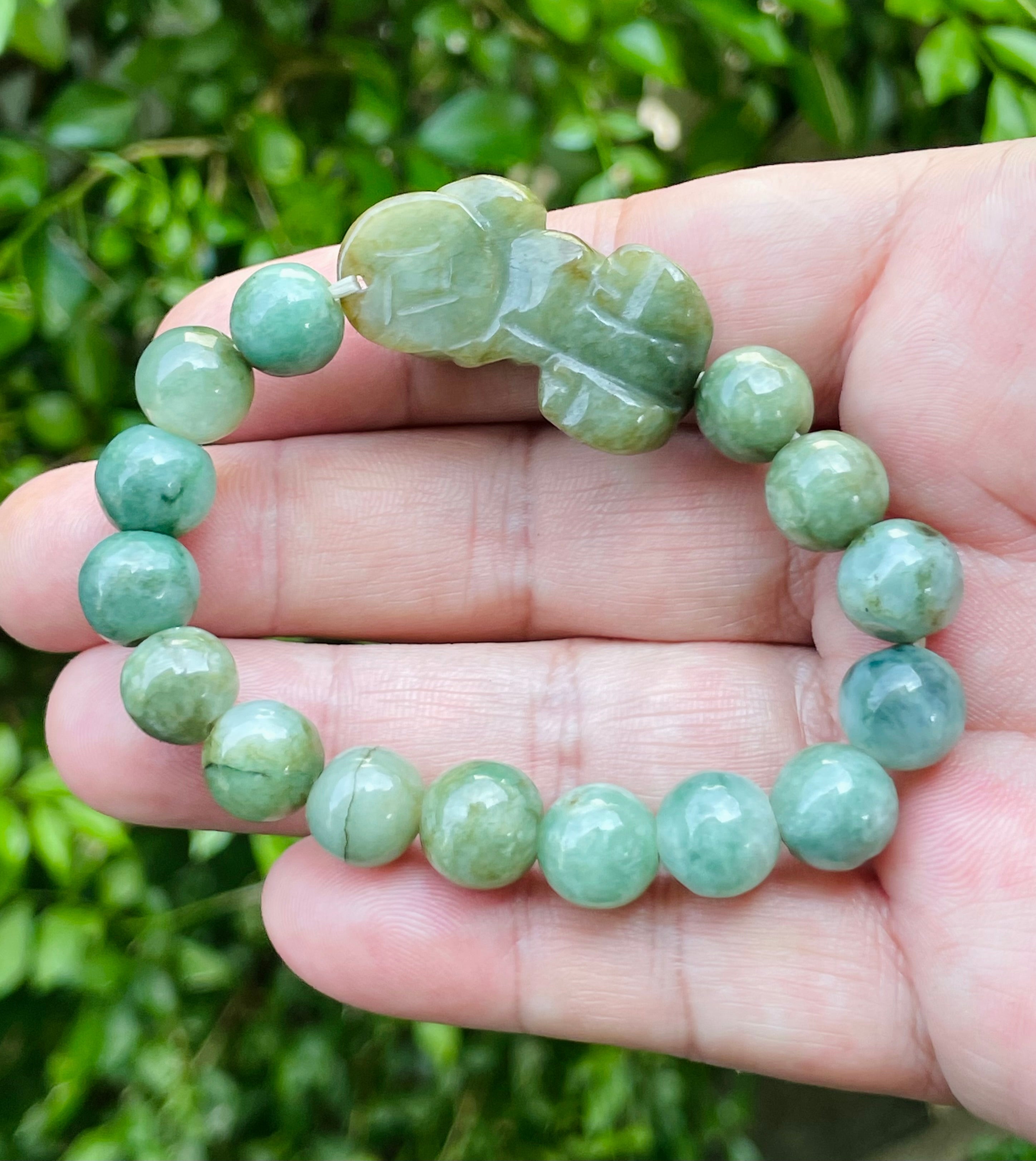 Natural Grade A Certified Burmese Jadeite Jade Beaded Bracelet – Mossy Green – Hand-Carved Pixiu Pendant – 10mm – JBB164