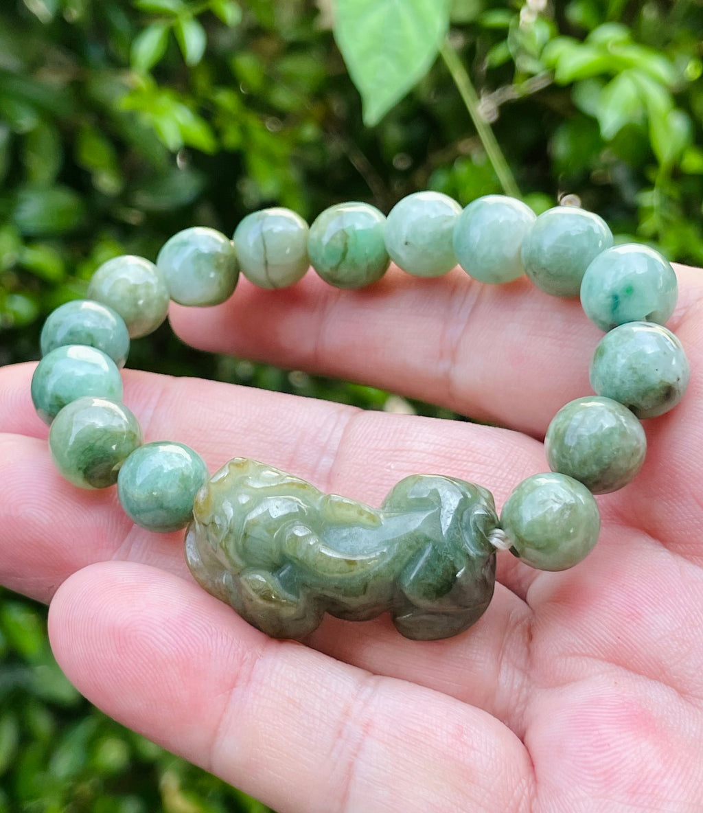 Natural Grade A Certified Burmese Jadeite Jade Beaded Bracelet – Mossy Green – Hand-Carved Pixiu Pendant – 10mm – JBB164