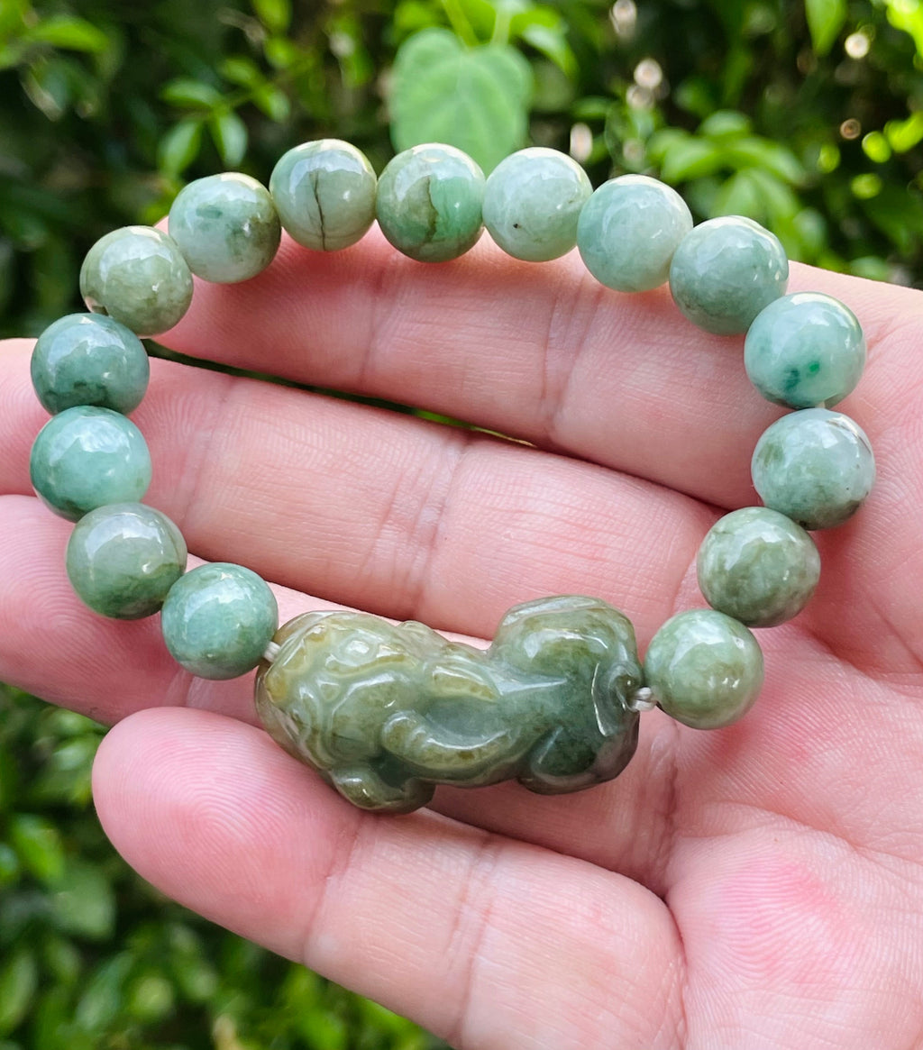Natural Grade A Certified Burmese Jadeite Jade Beaded Bracelet – Mossy Green – Hand-Carved Pixiu Pendant – 10mm – JBB164