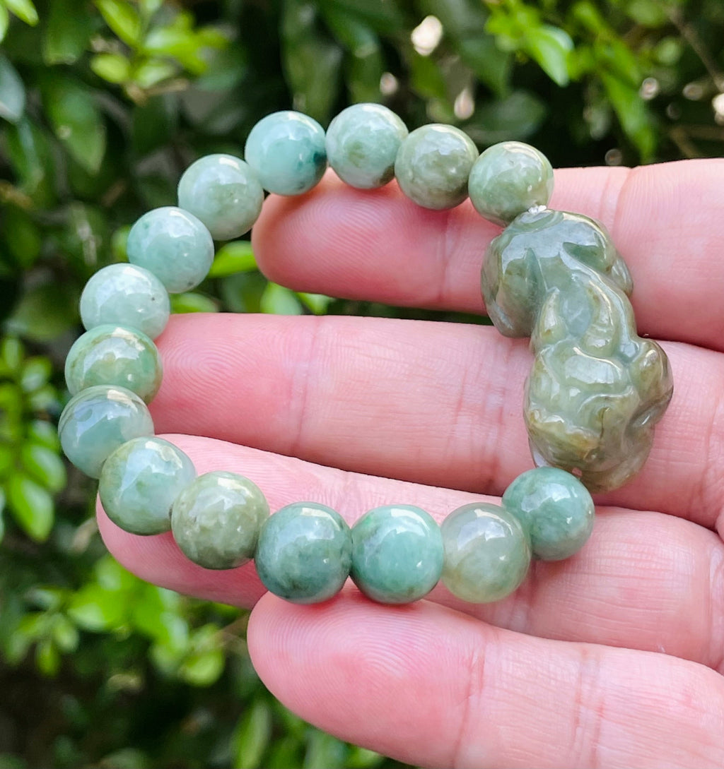Natural Grade A Certified Burmese Jadeite Jade Beaded Bracelet – Mossy Green – Hand-Carved Pixiu Pendant – 10mm – JBB164