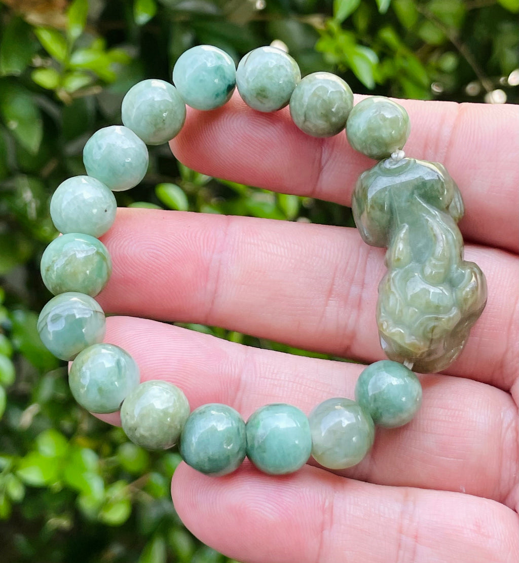 Natural Grade A Certified Burmese Jadeite Jade Beaded Bracelet – Mossy Green – Hand-Carved Pixiu Pendant – 10mm – JBB164