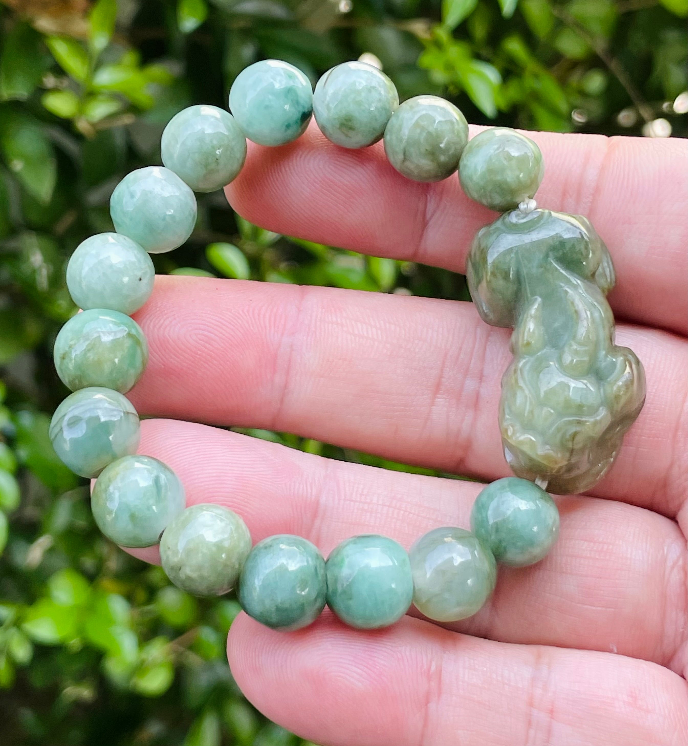 Natural Grade A Certified Burmese Jadeite Jade Beaded Bracelet – Mossy Green – Hand-Carved Pixiu Pendant – 10mm – JBB164