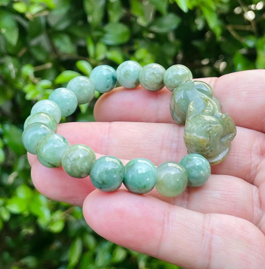 Natural Grade A Certified Burmese Jadeite Jade Beaded Bracelet – Mossy Green – Hand-Carved Pixiu Pendant – 10mm – JBB164
