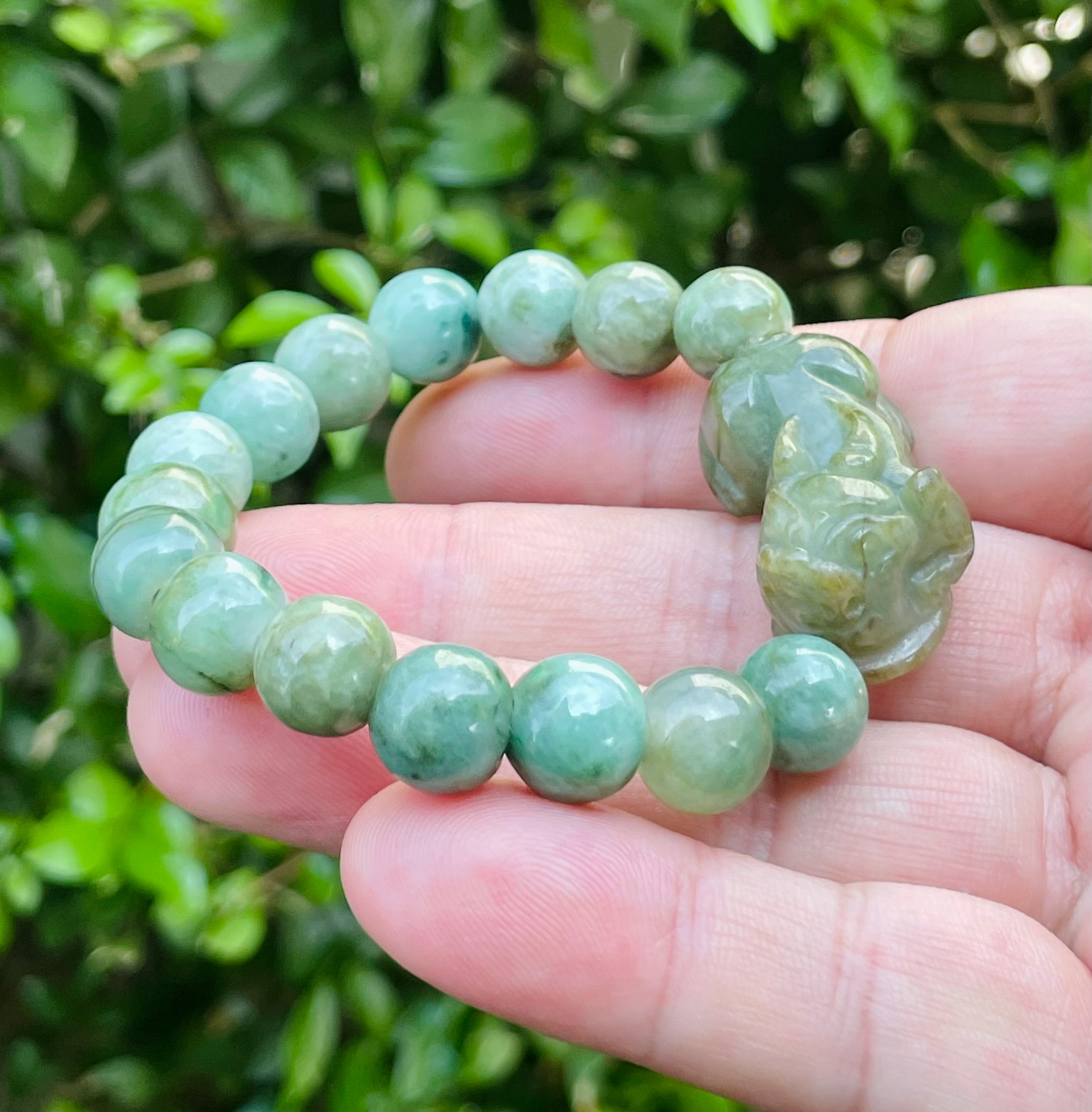 Natural Grade A Certified Burmese Jadeite Jade Beaded Bracelet – Mossy Green – Hand-Carved Pixiu Pendant – 10mm – JBB164