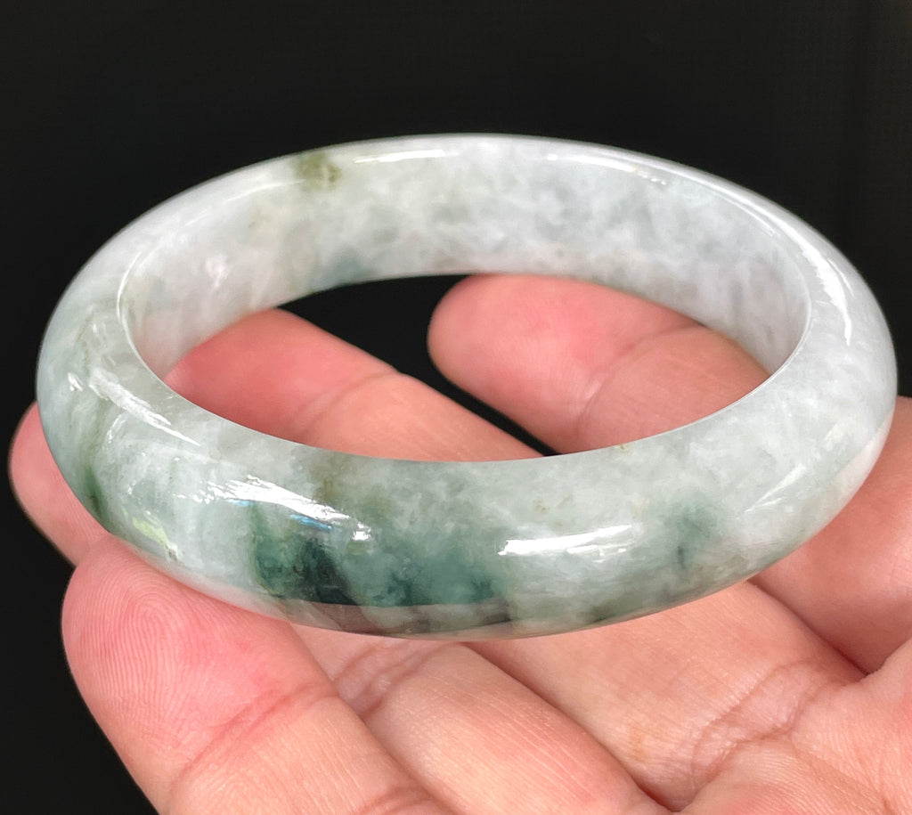 Natural Grade A Certified Burmese Jadeite Jade Bangle – Rare Icy Greyish Milky White with Imperial & Apple Green – 54.7mm – JB824