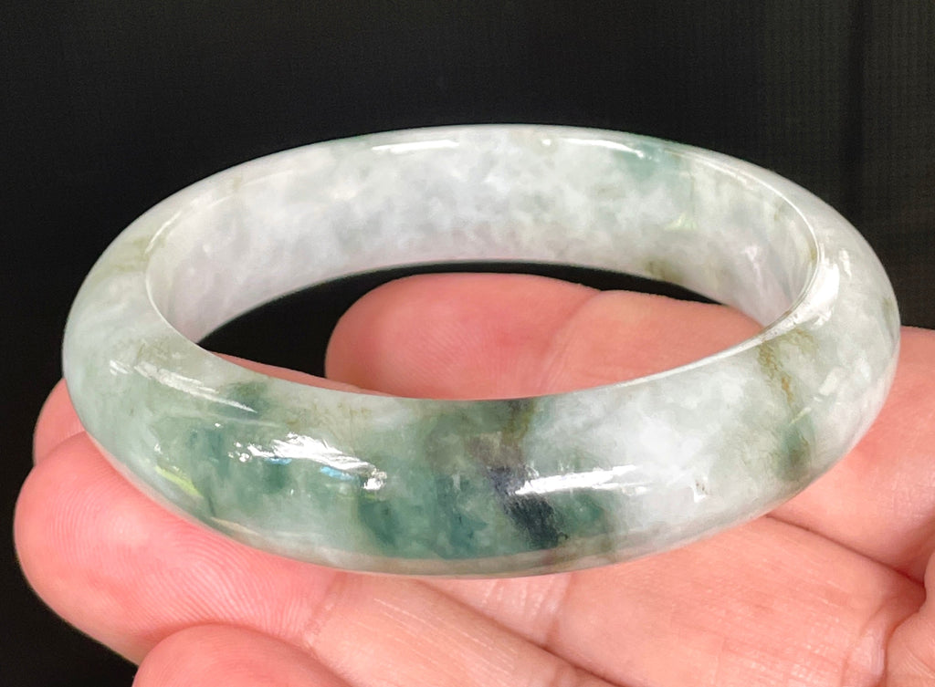 Natural Grade A Certified Burmese Jadeite Jade Bangle – Rare Icy Greyish Milky White with Imperial & Apple Green – 54.7mm – JB824