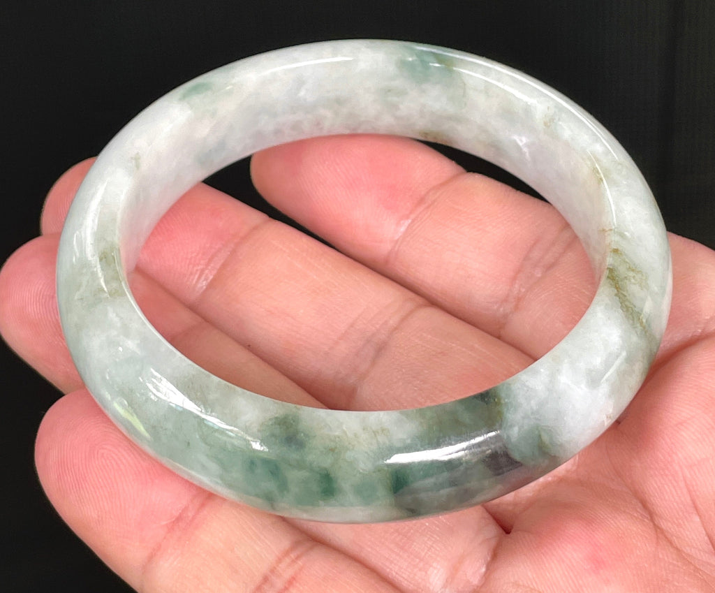 Natural Grade A Certified Burmese Jadeite Jade Bangle – Rare Icy Greyish Milky White with Imperial & Apple Green – 54.7mm – JB824