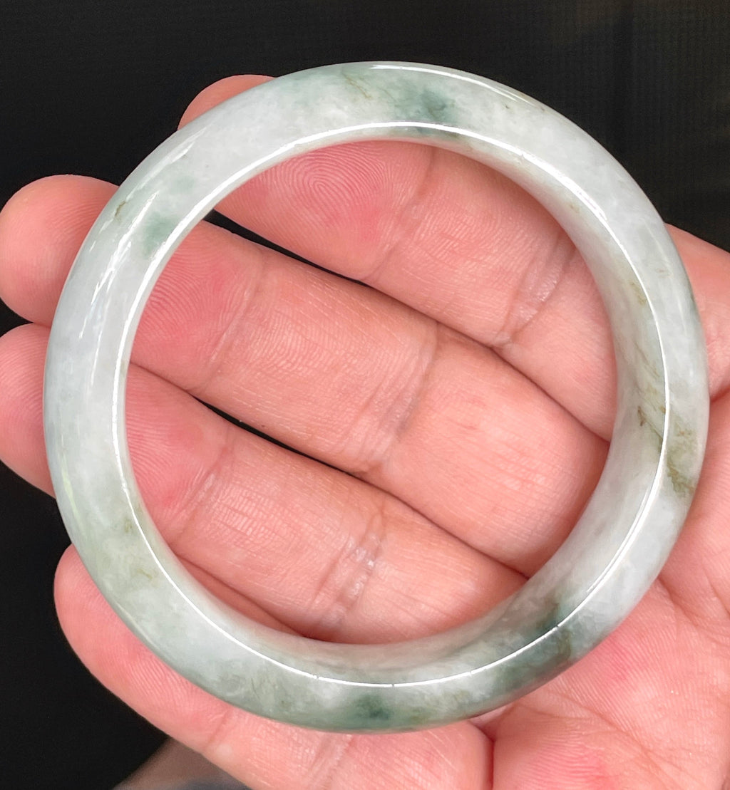 Natural Grade A Certified Burmese Jadeite Jade Bangle – Rare Icy Greyish Milky White with Imperial & Apple Green – 54.7mm – JB824