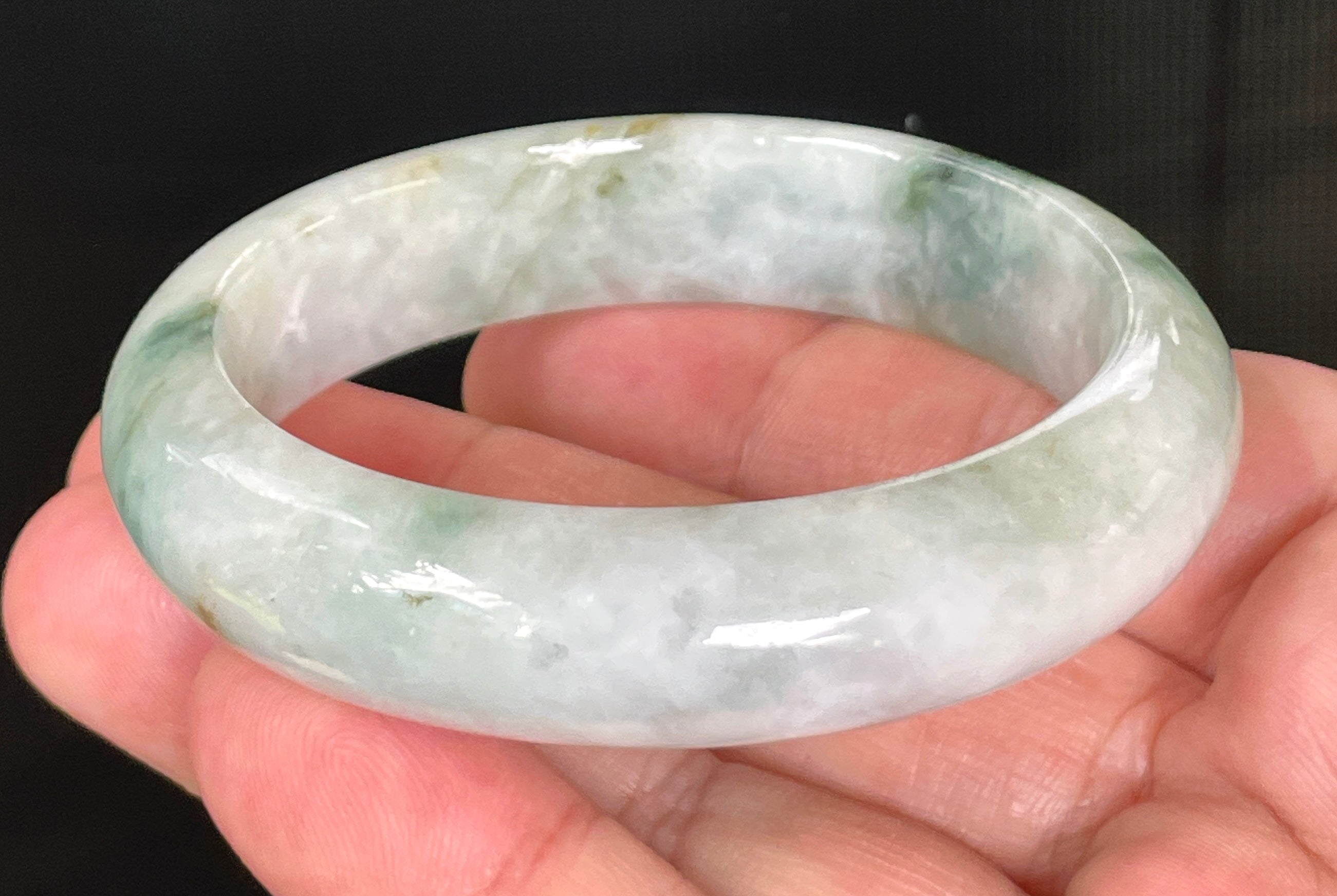 Natural Grade A Certified Burmese Jadeite Jade Bangle – Rare Icy Greyish Milky White with Imperial & Apple Green – 54.7mm – JB824