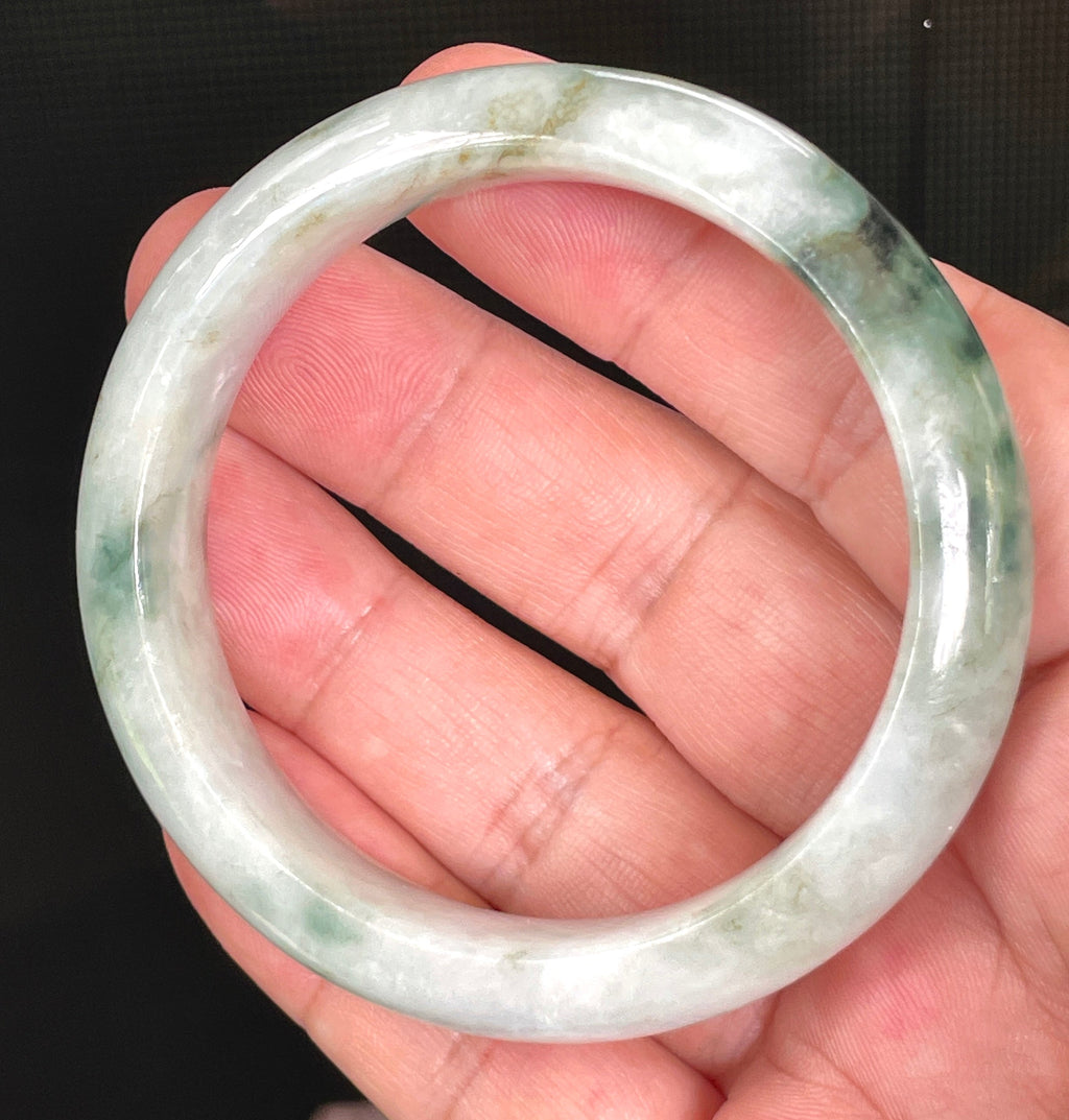 Natural Grade A Certified Burmese Jadeite Jade Bangle – Rare Icy Greyish Milky White with Imperial & Apple Green – 54.7mm – JB824