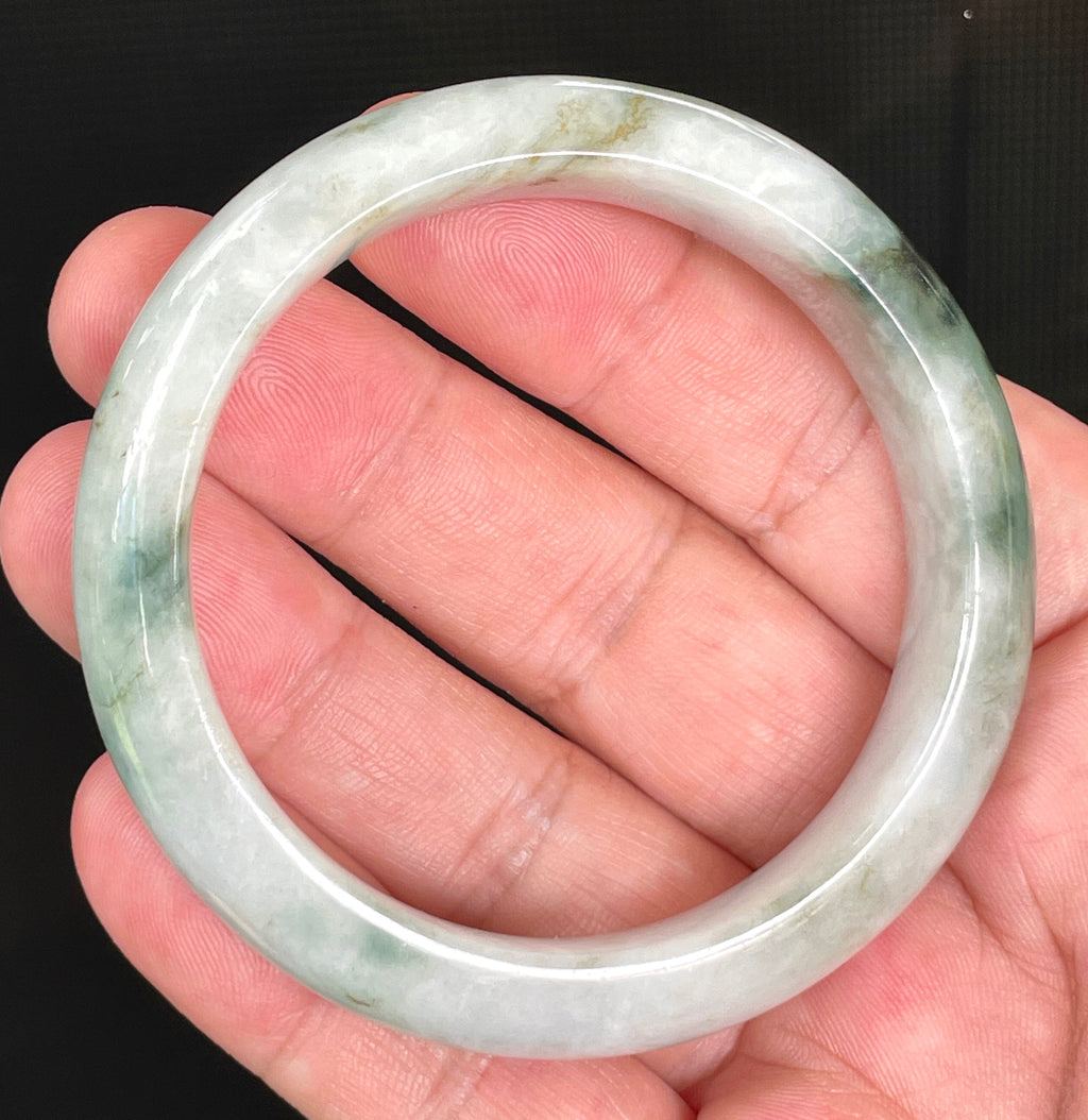 Natural Grade A Certified Burmese Jadeite Jade Bangle – Rare Icy Greyish Milky White with Imperial & Apple Green – 54.7mm – JB824