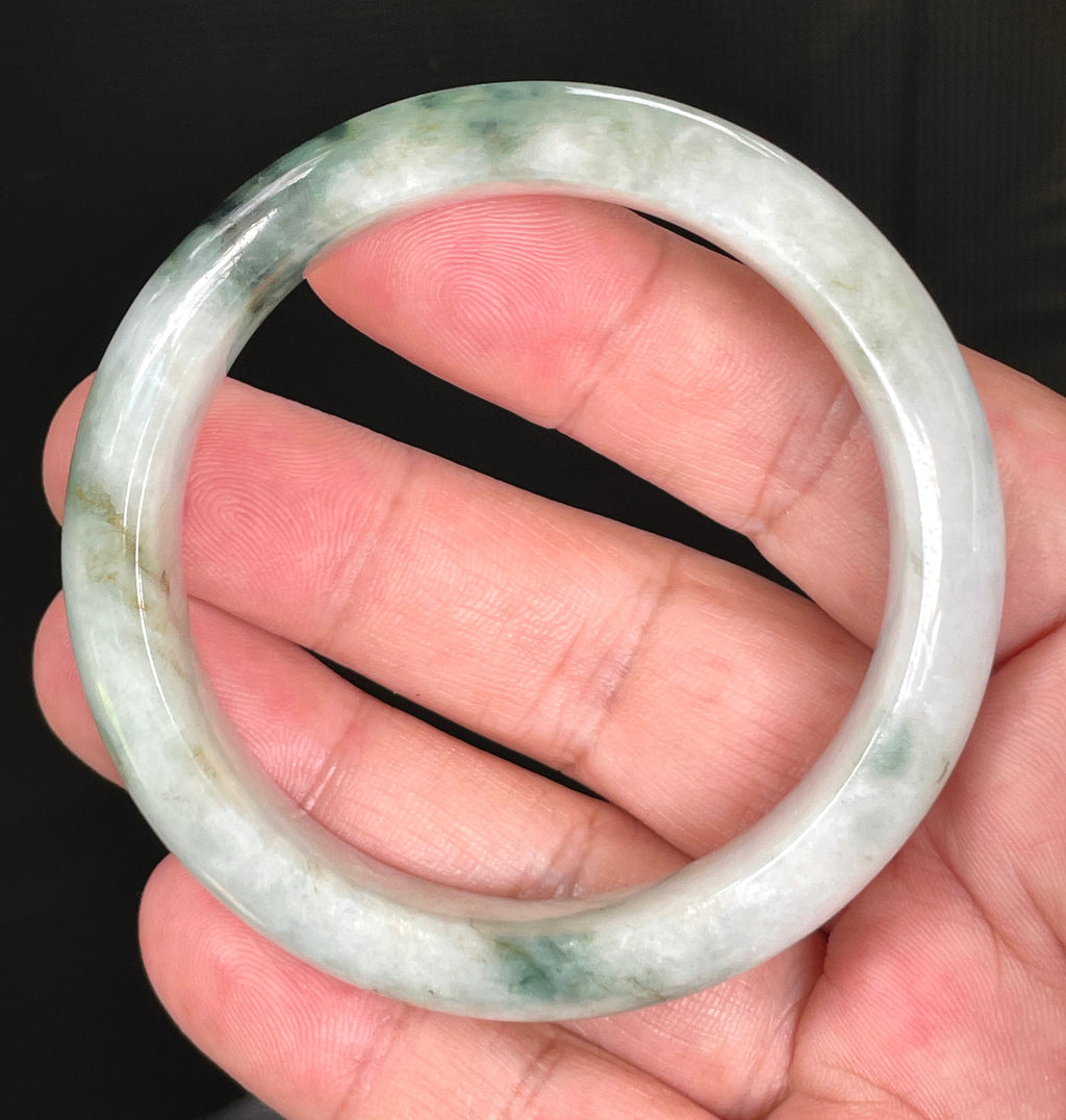 Natural Grade A Certified Burmese Jadeite Jade Bangle – Rare Icy Greyish Milky White with Imperial & Apple Green – 54.7mm – JB824