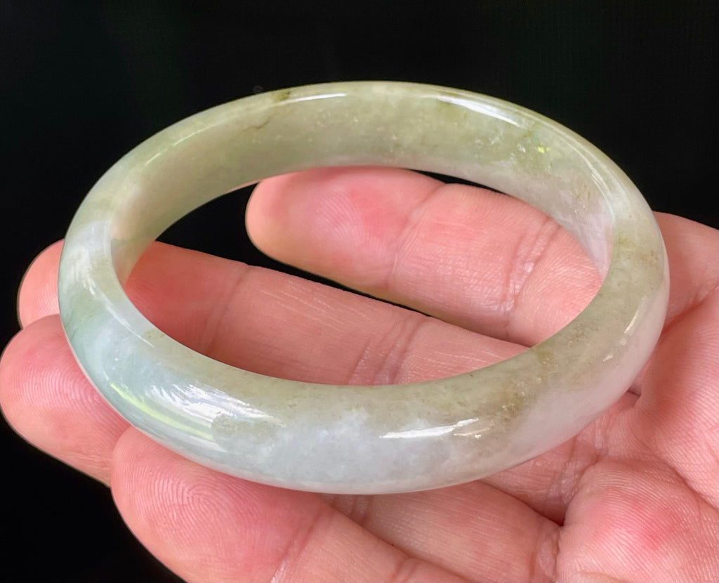 Natural Grade A Certified Burmese Jadeite Jade Bangle – Rare Icy Imperial Green & Apple Green with Milky White Hues – 58.5mm – JB804