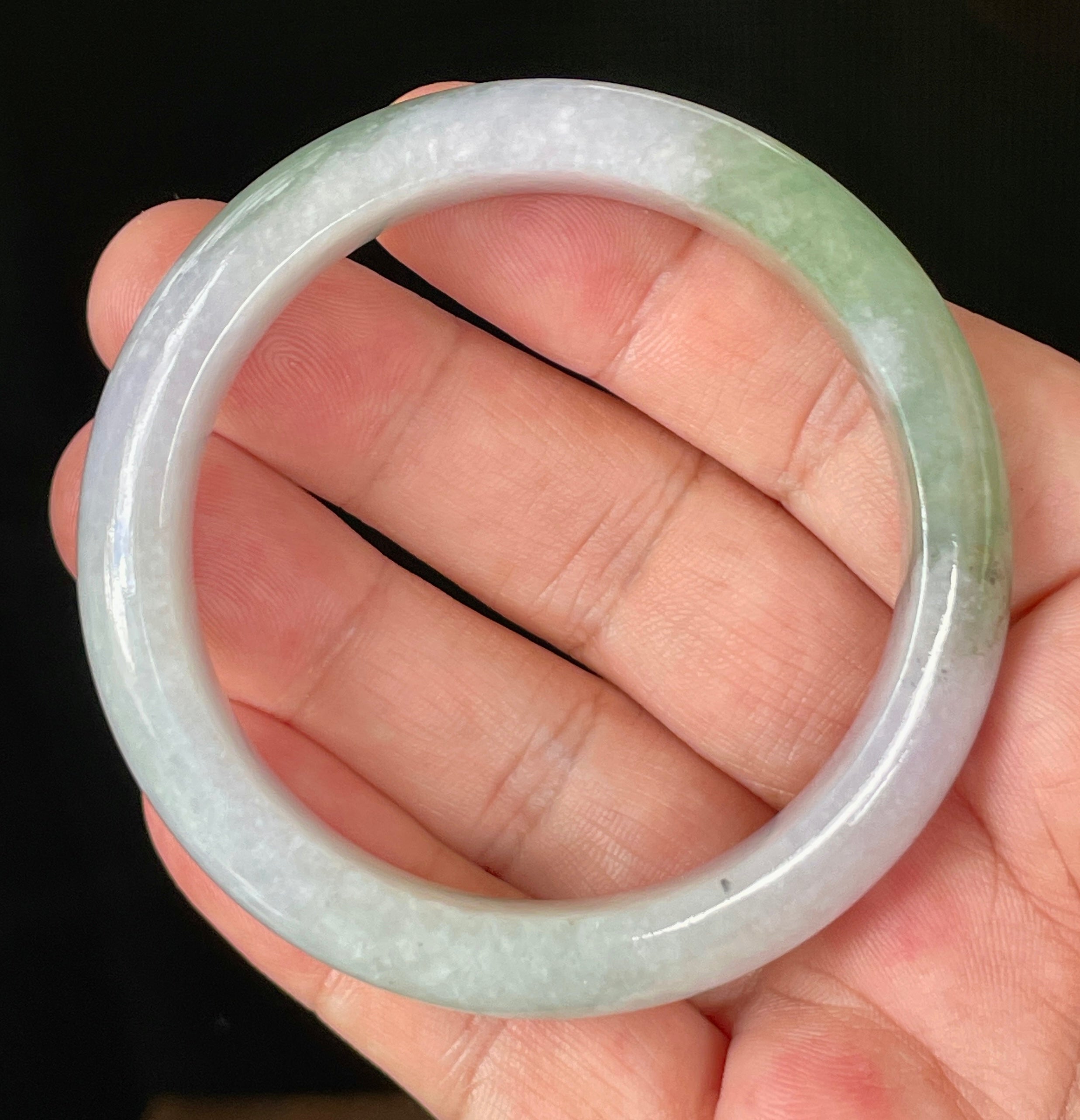 Natural Grade A Certified Burmese Jadeite Jade Bangle – Icy Light Lavender, Milky White & Apple Green – 55.2mm – JB854