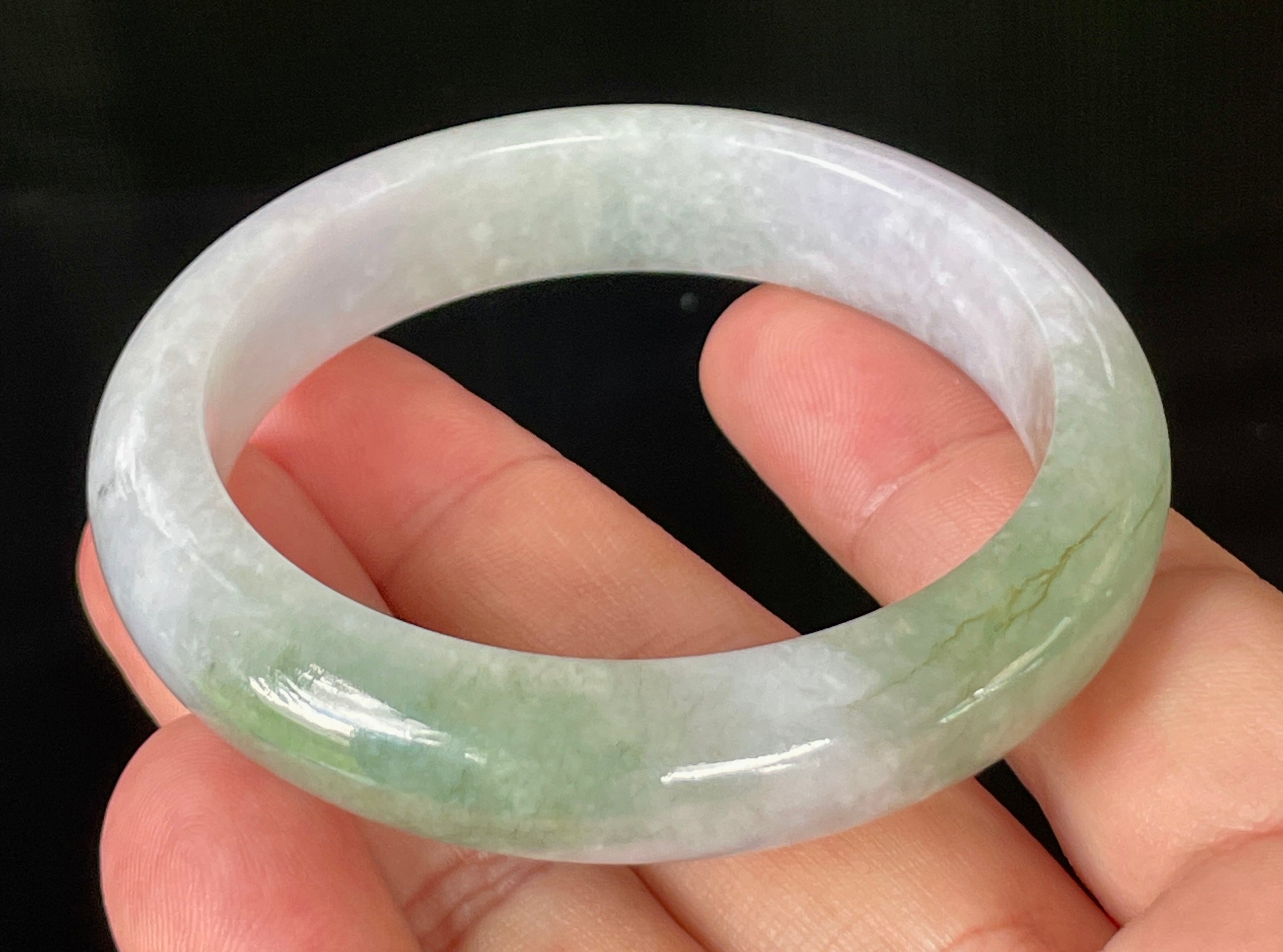 Natural Grade A Certified Burmese Jadeite Jade Bangle – Icy Light Lavender, Milky White & Apple Green – 55.2mm – JB854