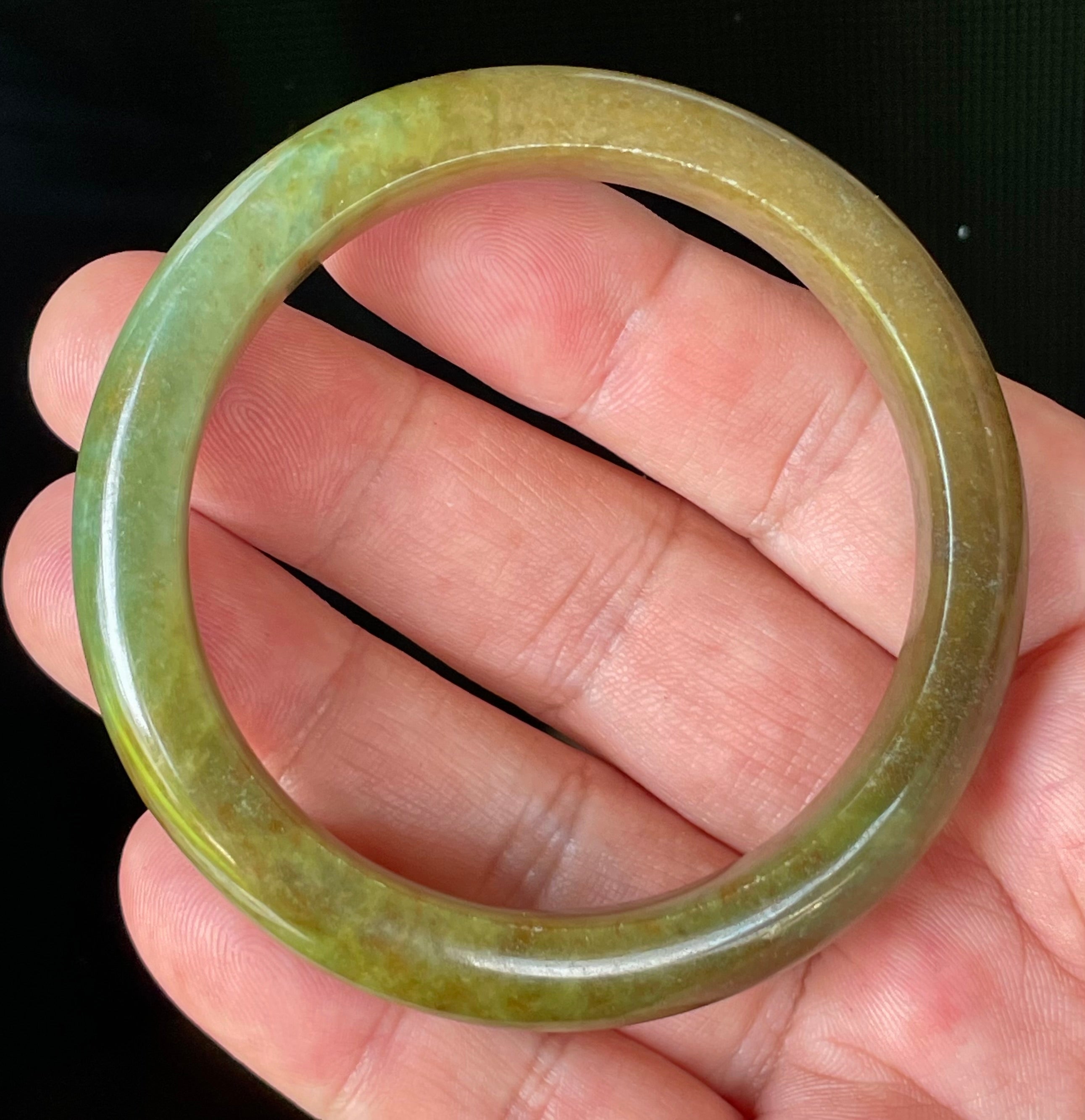 Natural Grade A Certified Burmese Jadeite Jade Bangle – Icy Apple & Moss Green with Honey Red Hues – 55mm – JB873
