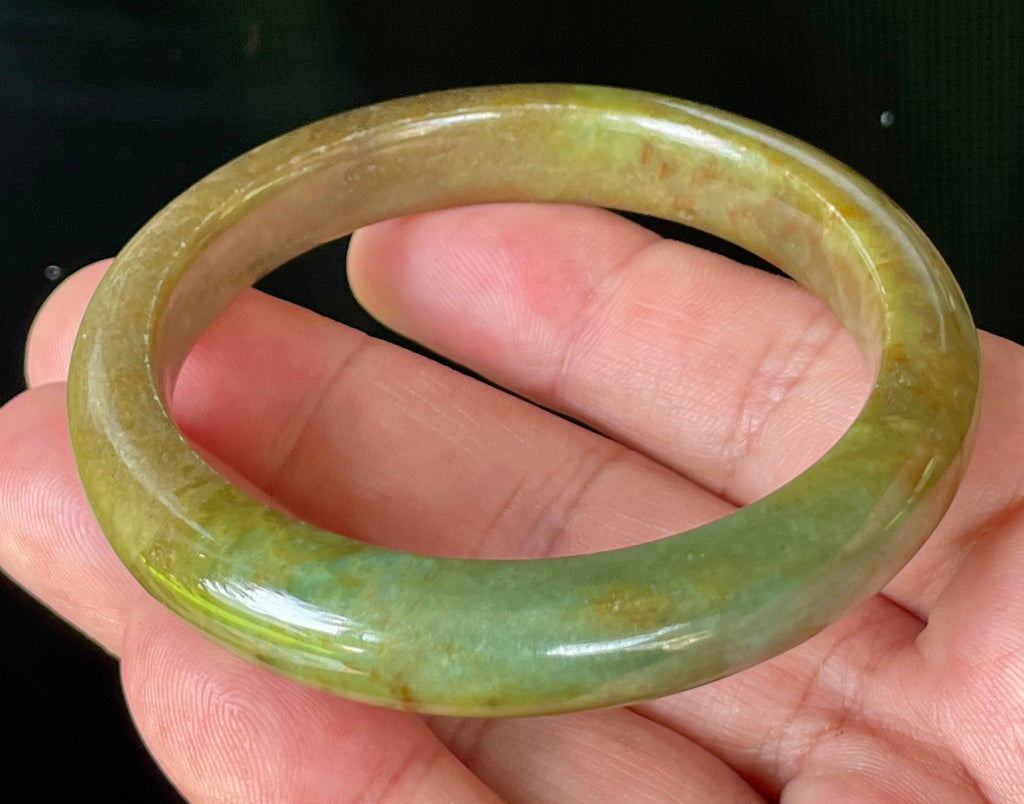 Natural Grade A Certified Burmese Jadeite Jade Bangle – Icy Apple & Moss Green with Honey Red Hues – 55mm – JB873