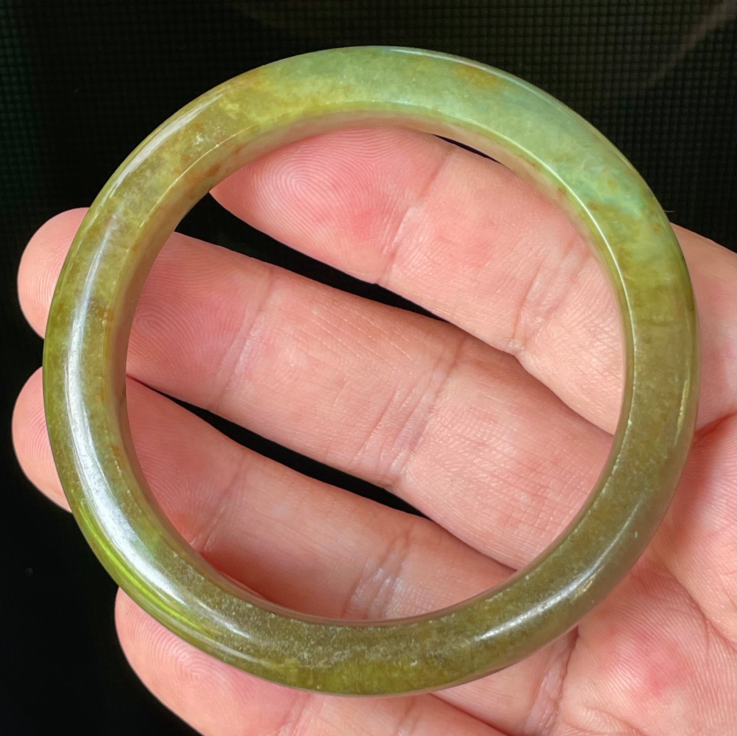 Natural Grade A Certified Burmese Jadeite Jade Bangle – Icy Apple & Moss Green with Honey Red Hues – 55mm – JB873