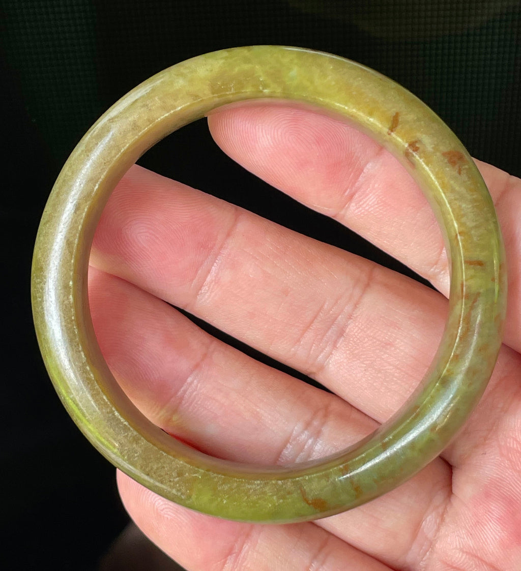 Natural Grade A Certified Burmese Jadeite Jade Bangle – Icy Apple & Moss Green with Honey Red Hues – 55mm – JB873