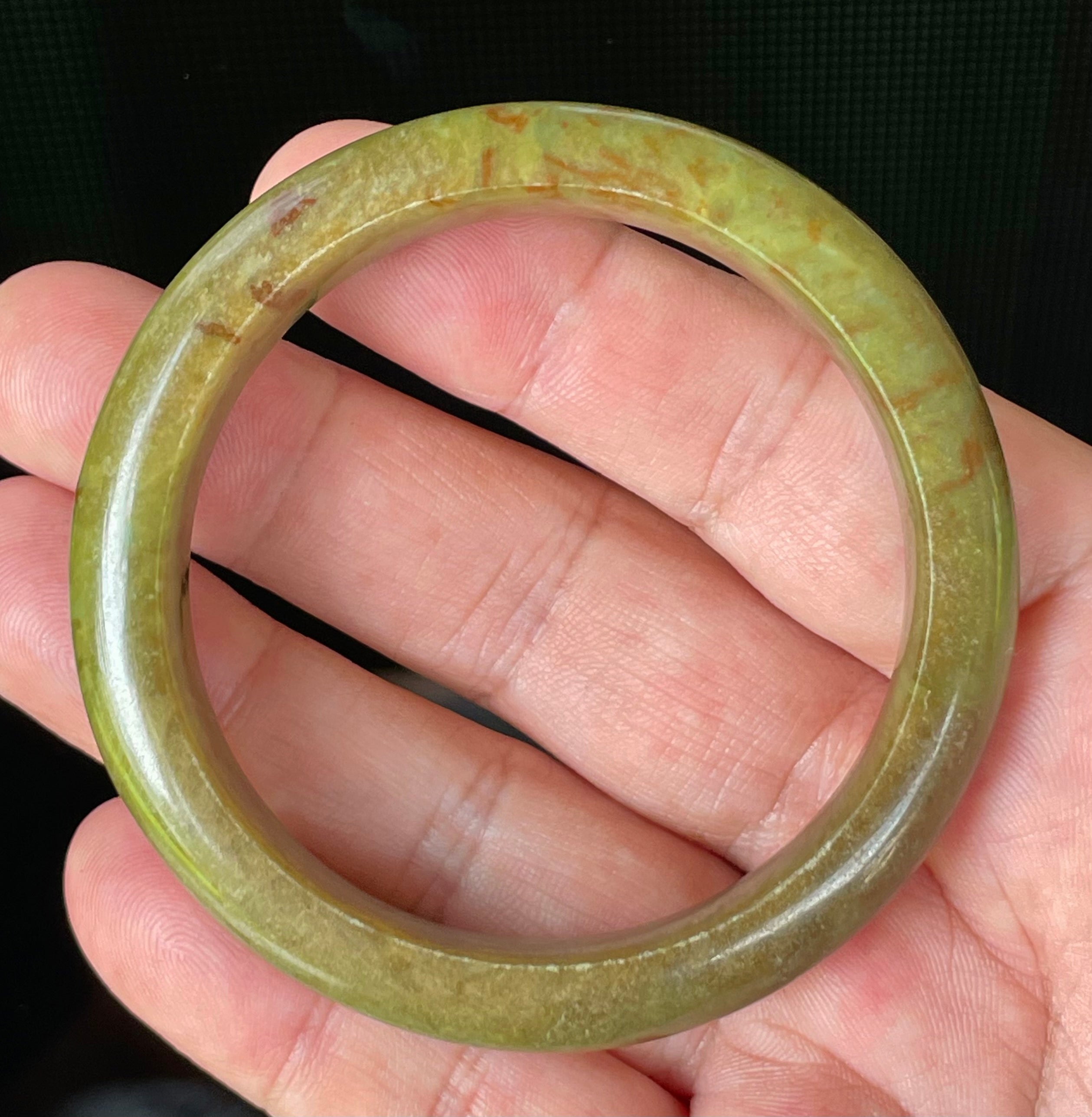 Natural Grade A Certified Burmese Jadeite Jade Bangle – Icy Apple & Moss Green with Honey Red Hues – 55mm – JB873