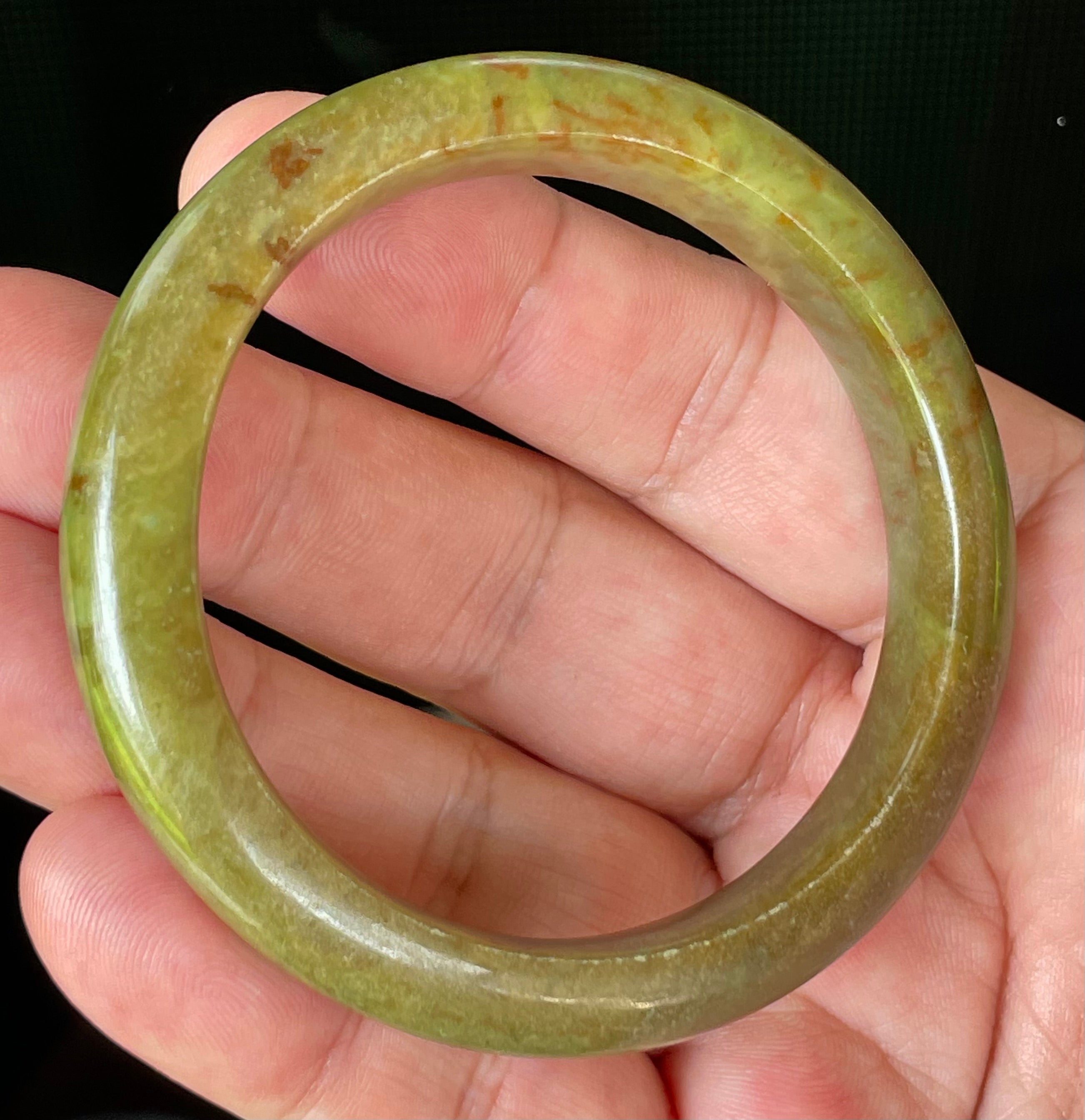Natural Grade A Certified Burmese Jadeite Jade Bangle – Icy Apple & Moss Green with Honey Red Hues – 55mm – JB873