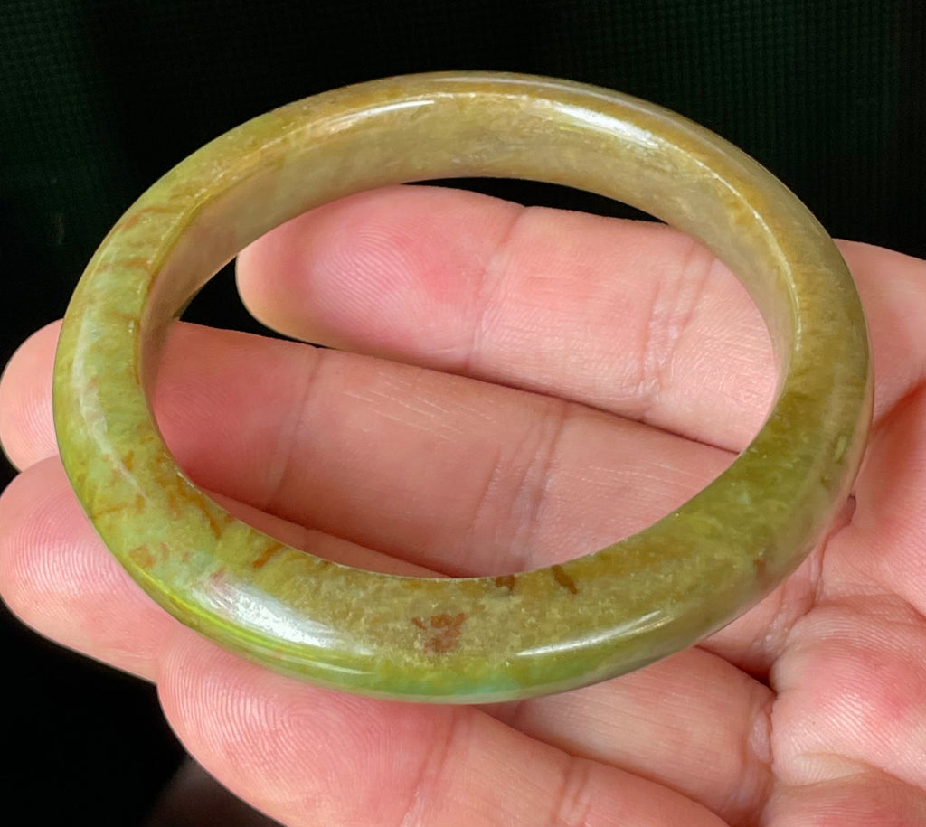 Natural Grade A Certified Burmese Jadeite Jade Bangle – Icy Apple & Moss Green with Honey Red Hues – 55mm – JB873