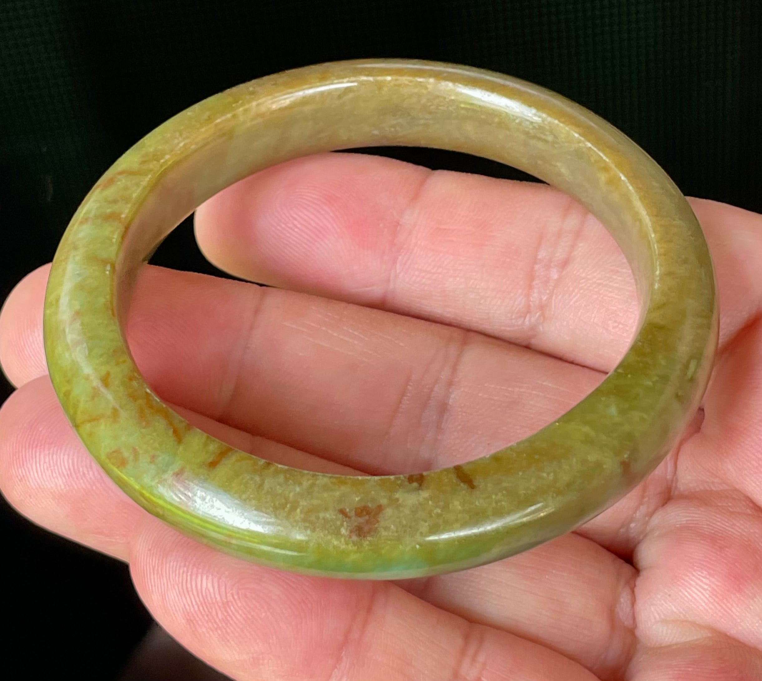 Natural Grade A Certified Burmese Jadeite Jade Bangle – Icy Apple & Moss Green with Honey Red Hues – 55mm – JB873