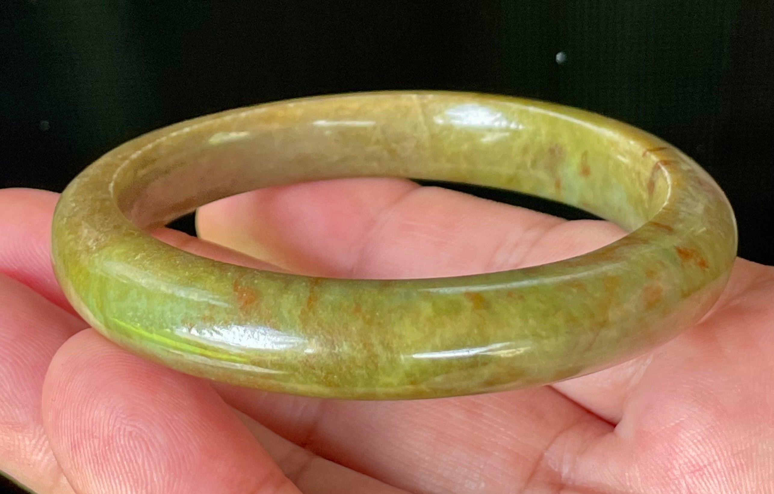 Natural Grade A Certified Burmese Jadeite Jade Bangle – Icy Apple & Moss Green with Honey Red Hues – 55mm – JB873