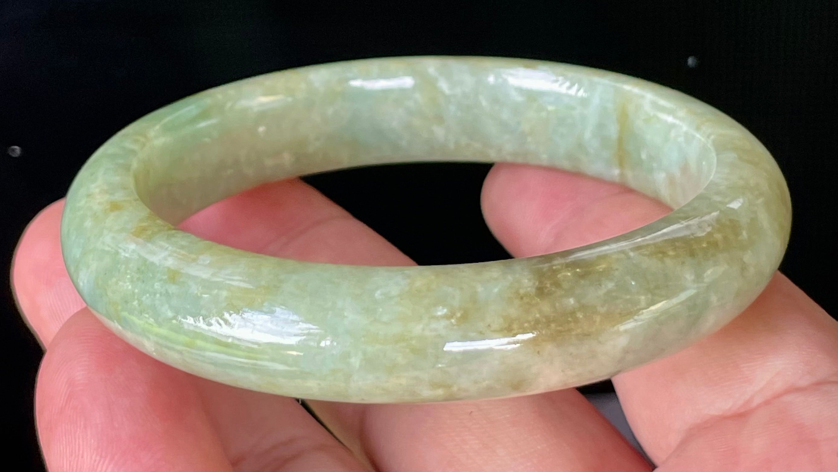 Natural Grade A Certified Burmese Jadeite Jade Bangle – Icy Apple Green, Milky White & Honey Brown – 58.2mm – JB830