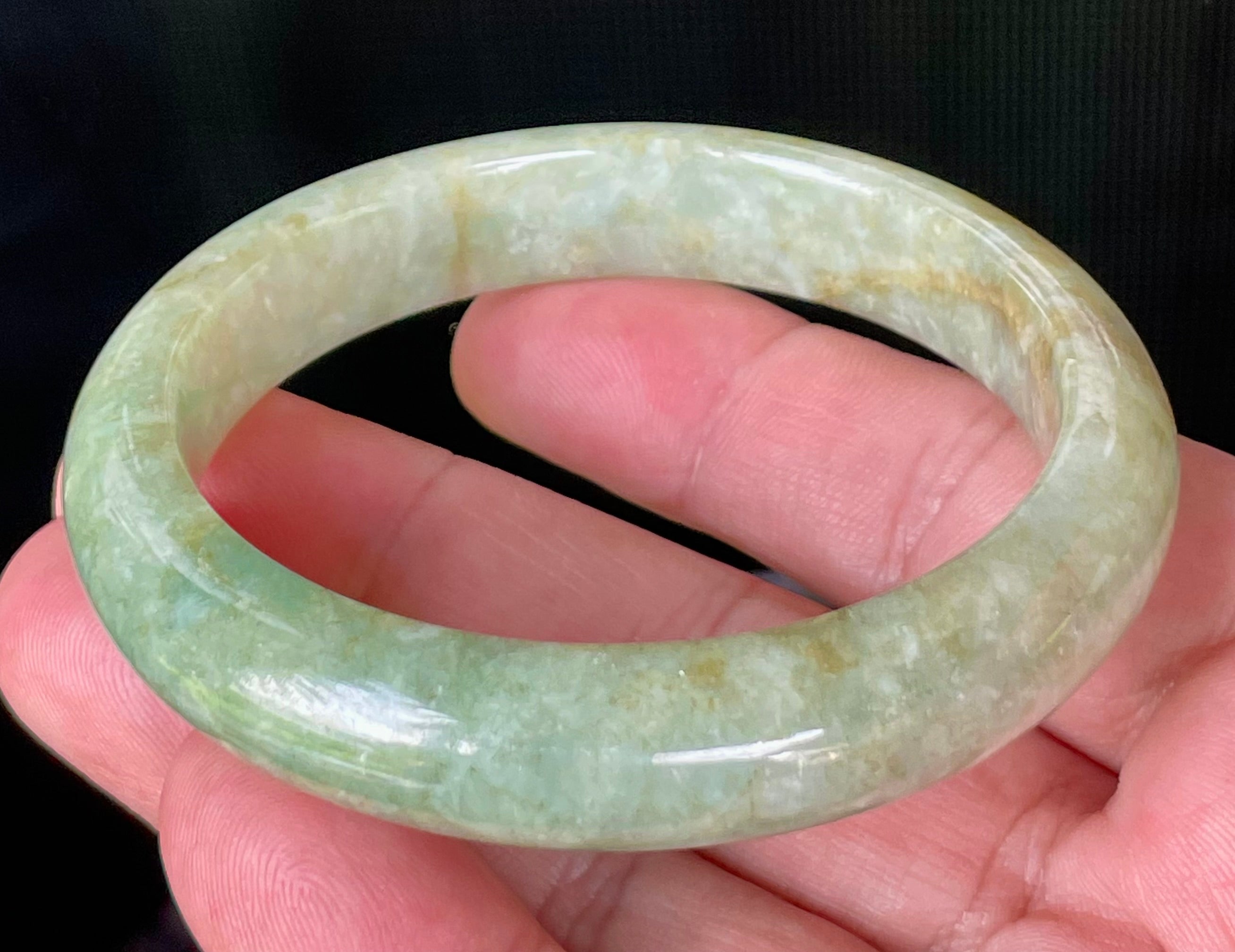 Natural Grade A Certified Burmese Jadeite Jade Bangle – Icy Apple Green, Milky White & Honey Brown – 58.2mm – JB830
