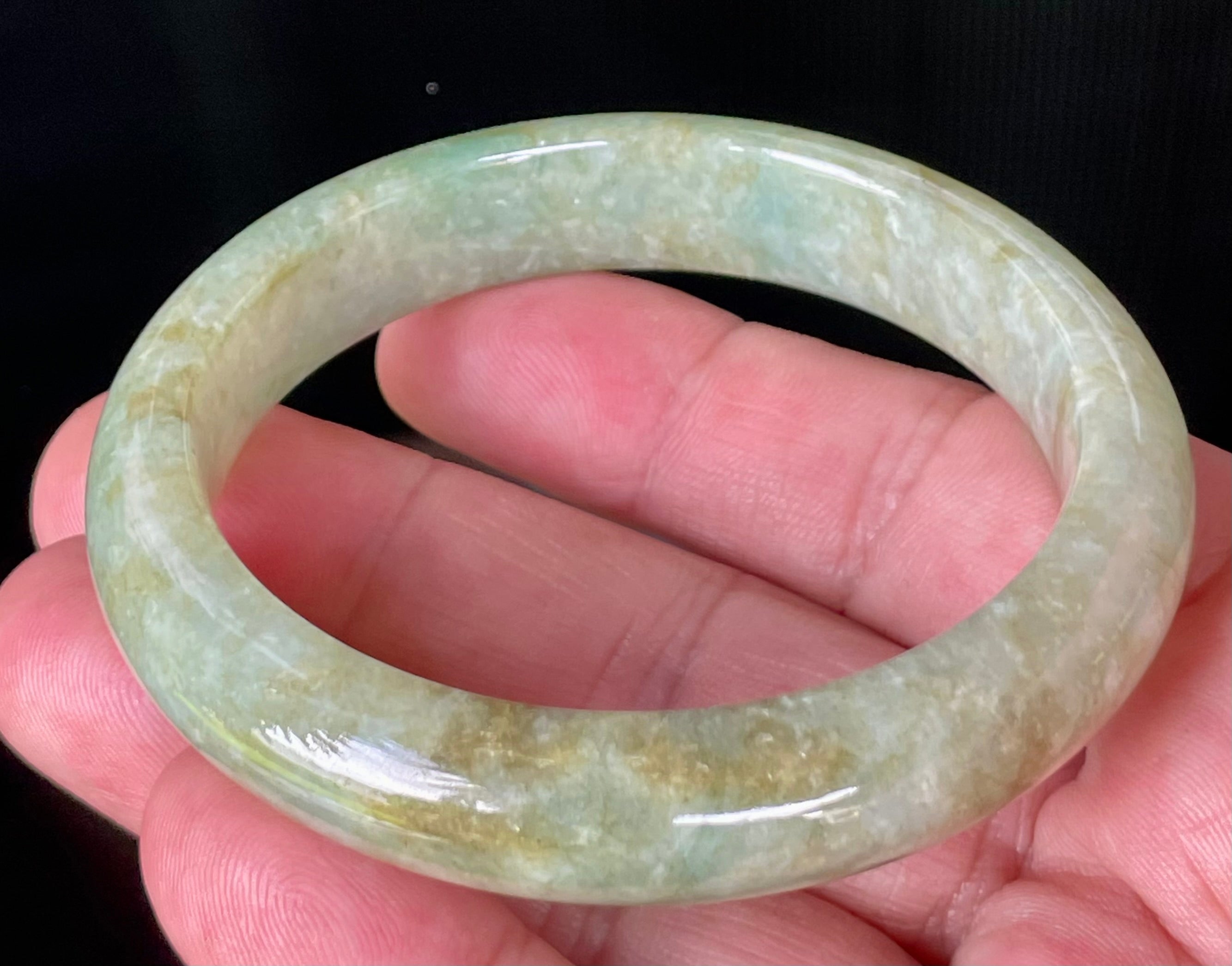 Natural Grade A Certified Burmese Jadeite Jade Bangle – Icy Apple Green, Milky White & Honey Brown – 58.2mm – JB830