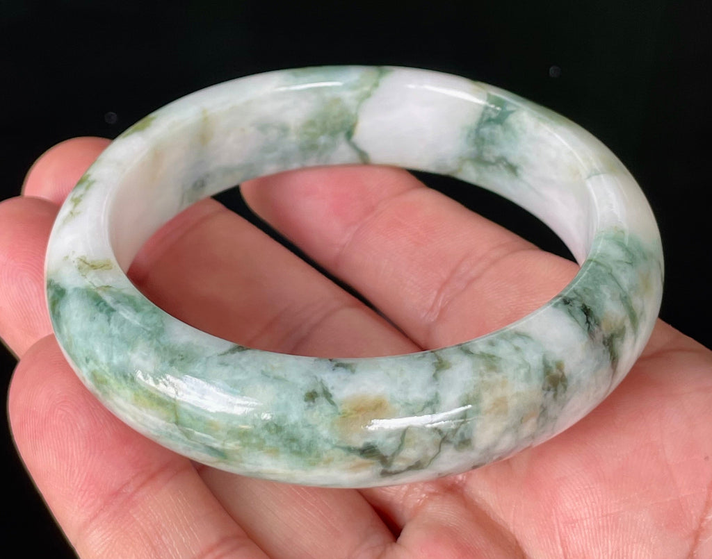 Natural Grade A Certified Burmese Jadeite Jade Bangle – Icy Imperial & Apple Green, Milky White – 57.8mm – JB877