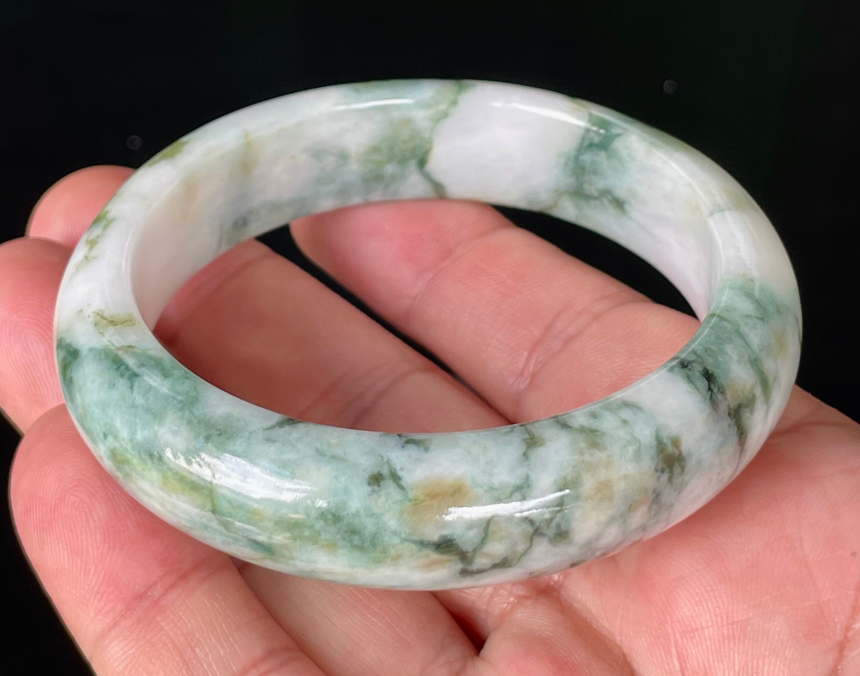 Natural Grade A Certified Burmese Jadeite Jade Bangle – Icy Imperial & Apple Green, Milky White – 57.8mm – JB877