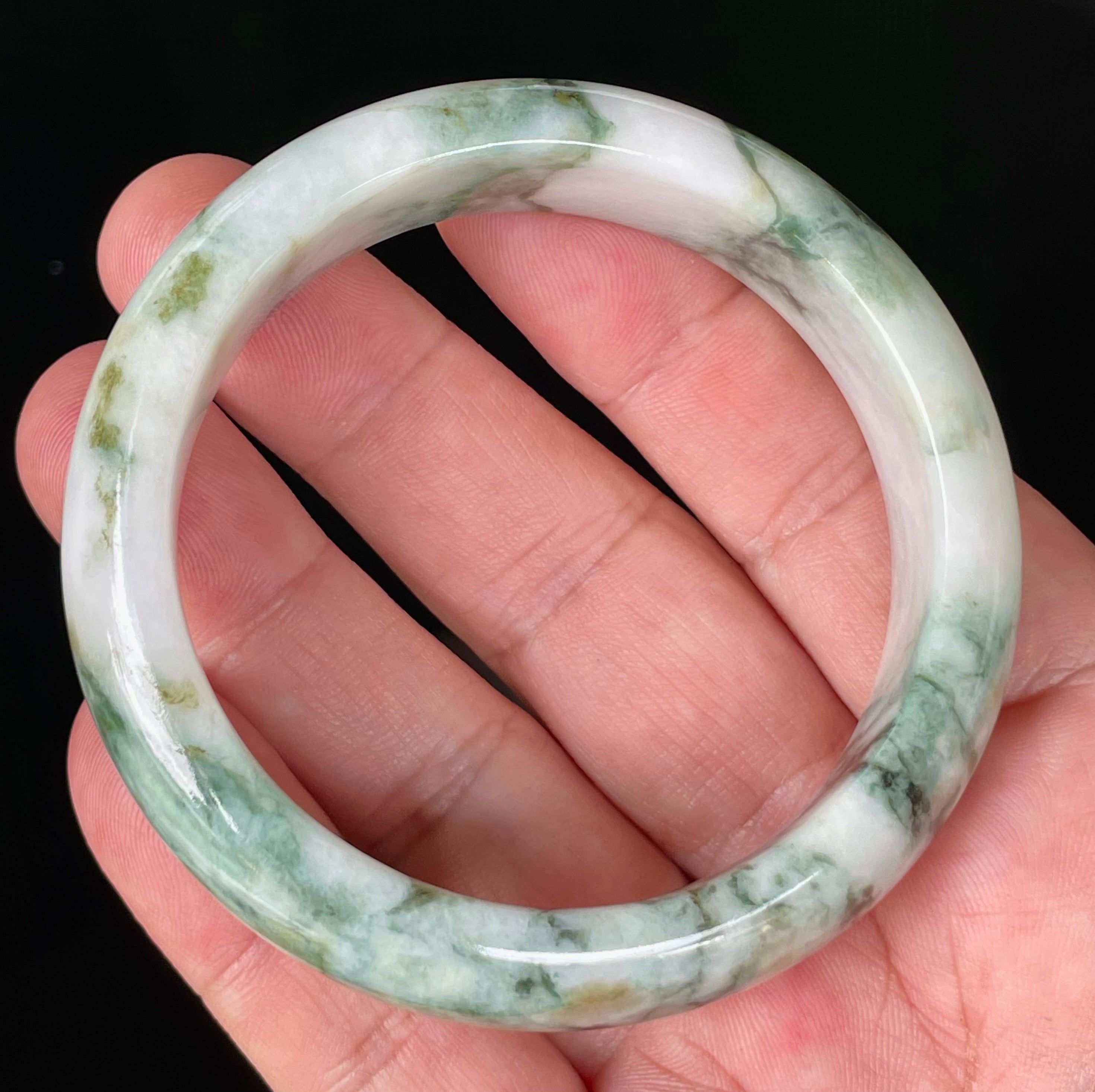 Natural Grade A Certified Burmese Jadeite Jade Bangle – Icy Imperial & Apple Green, Milky White – 57.8mm – JB877
