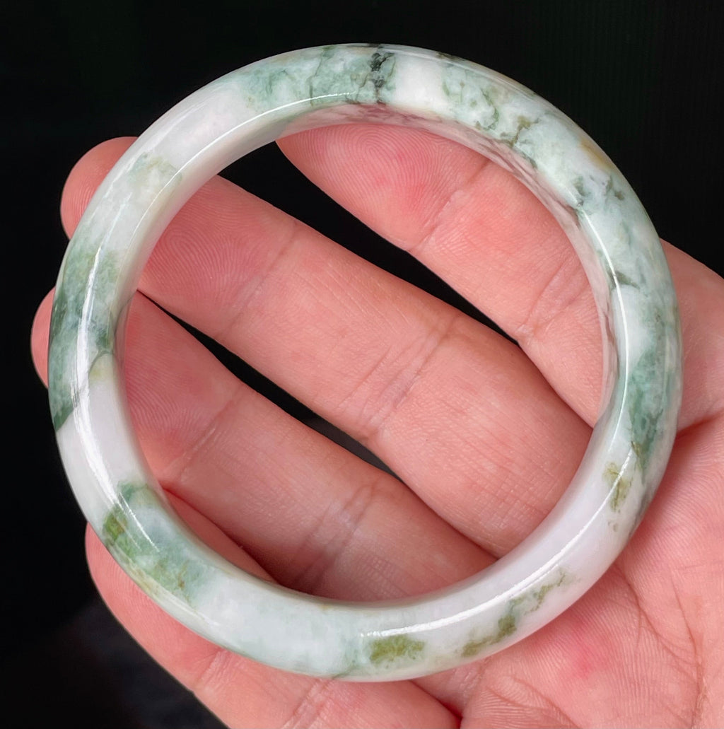 Natural Grade A Certified Burmese Jadeite Jade Bangle – Icy Imperial & Apple Green, Milky White – 57.8mm – JB877