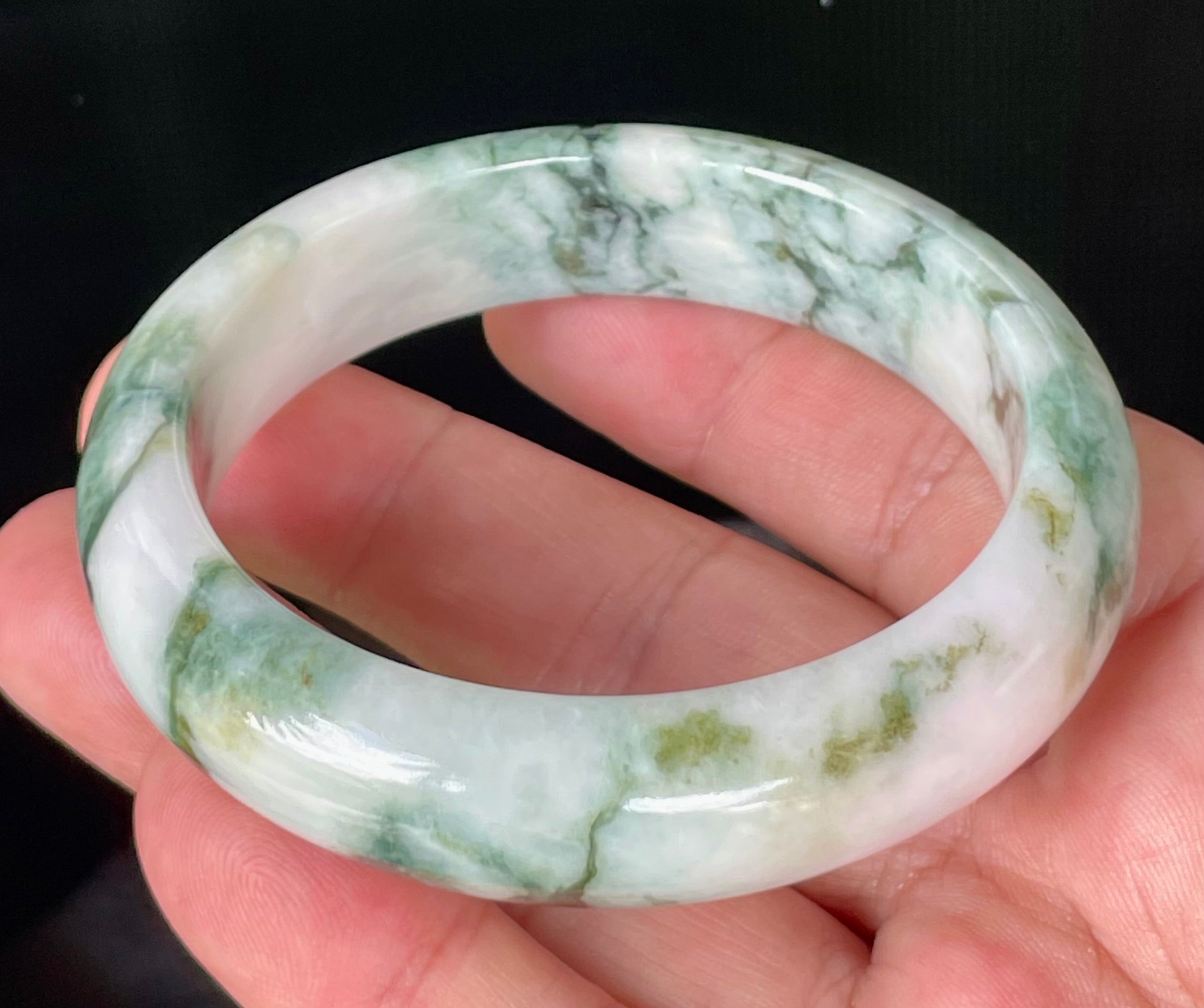 Natural Grade A Certified Burmese Jadeite Jade Bangle – Icy Imperial & Apple Green, Milky White – 57.8mm – JB877