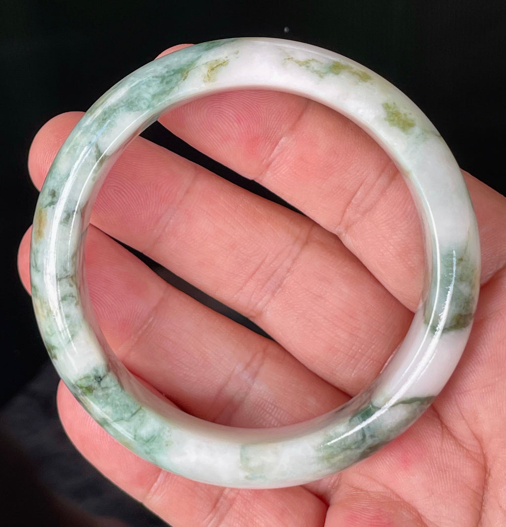 Natural Grade A Certified Burmese Jadeite Jade Bangle – Icy Imperial & Apple Green, Milky White – 57.8mm – JB877